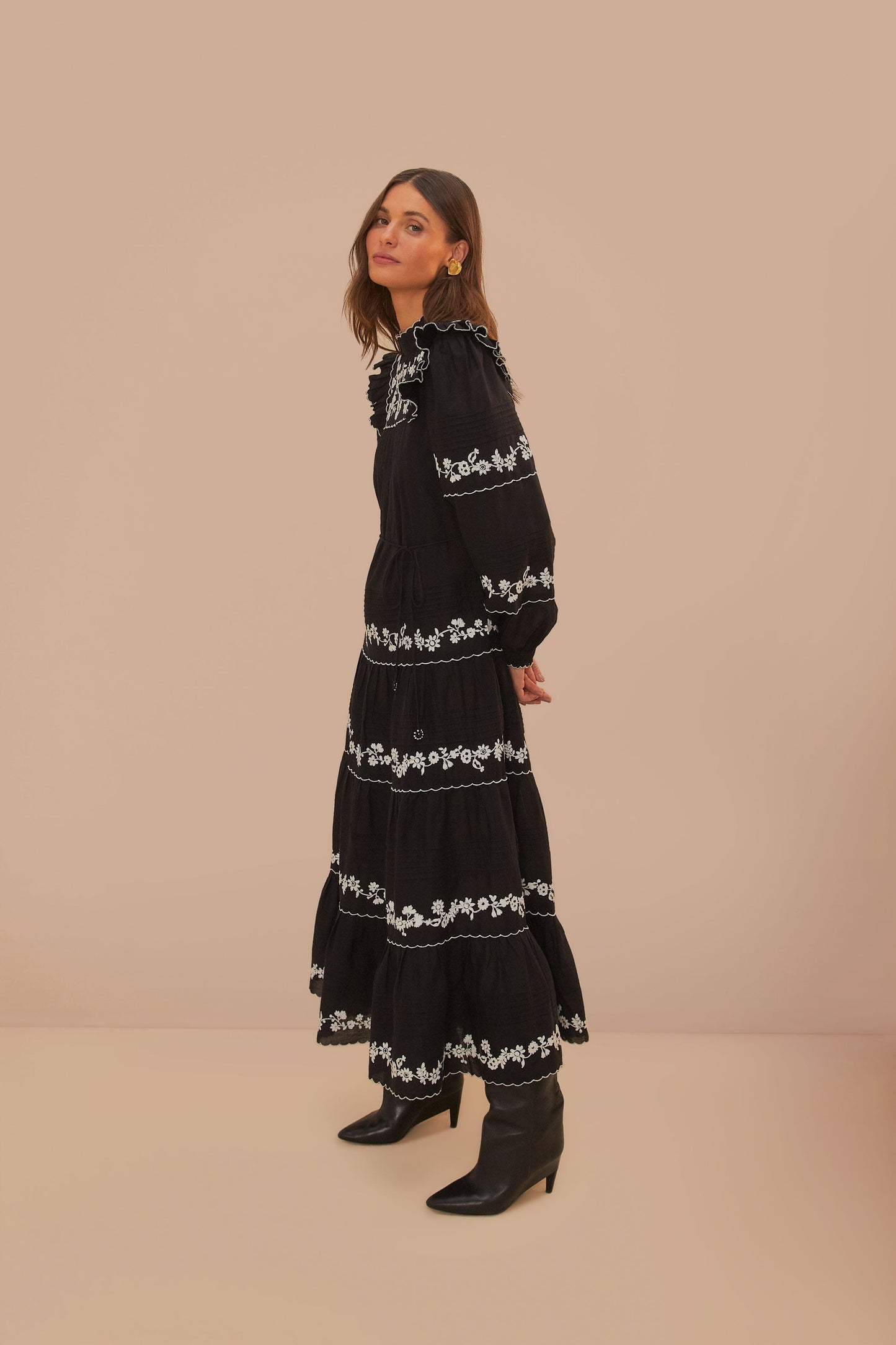 Black And White Embroidered Long Sleeve Maxi Dress