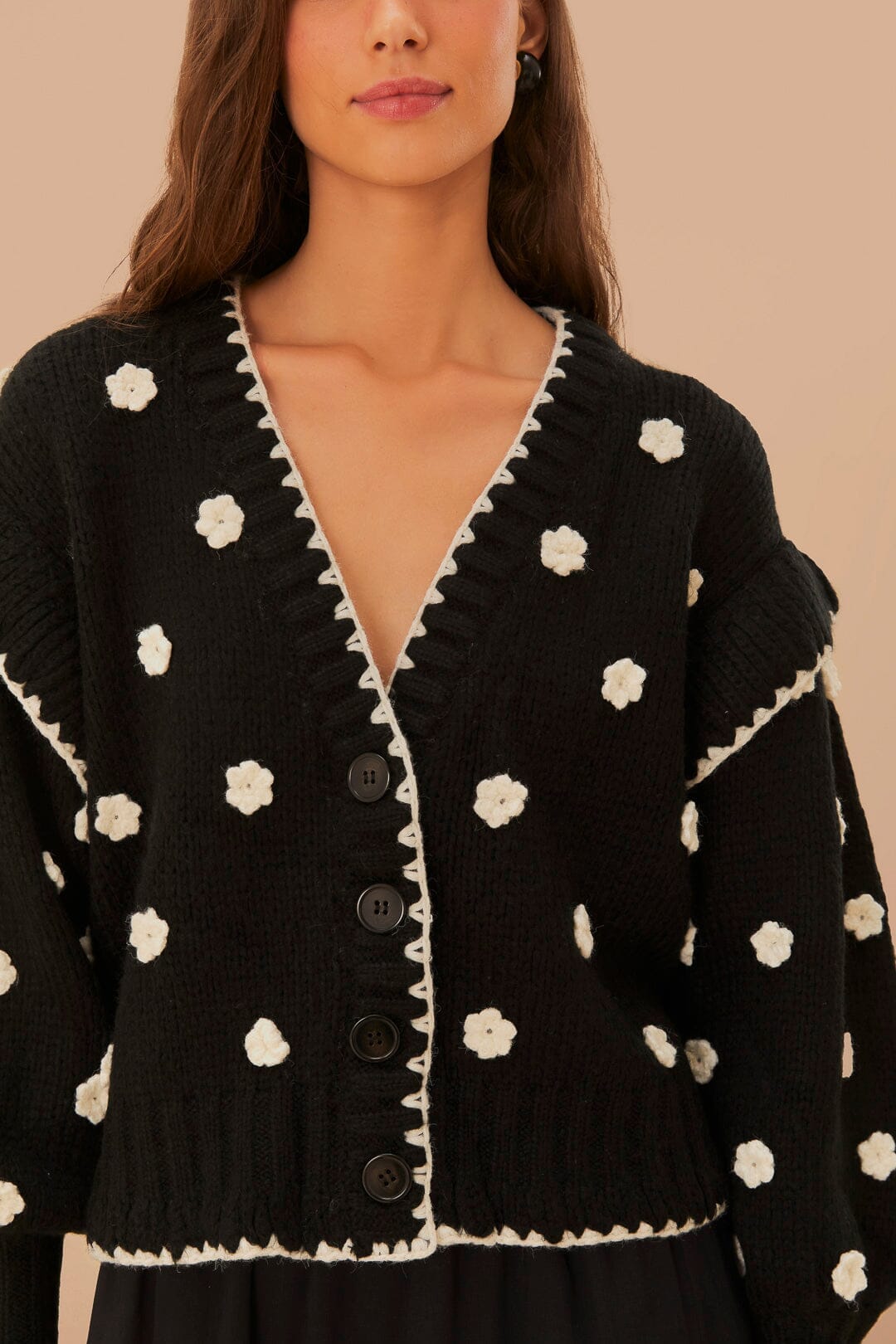 Black And White Flowers Knit Cardigan FARM Rio