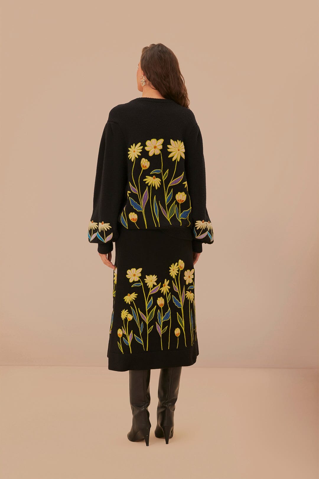 Black Farm Rio Flowers Embroidered Knit Skirt