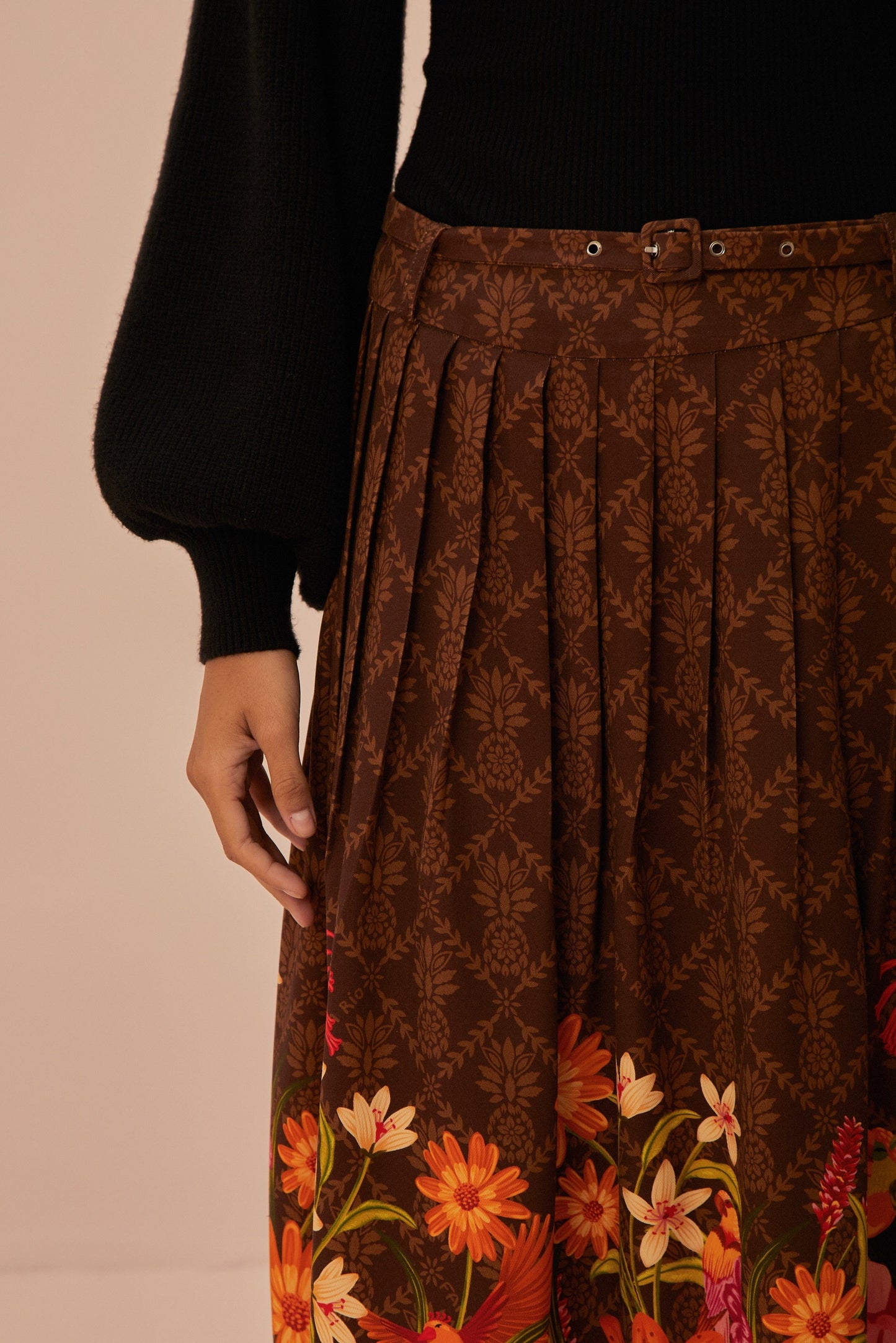 Brown Charming Garden Midi Skirt