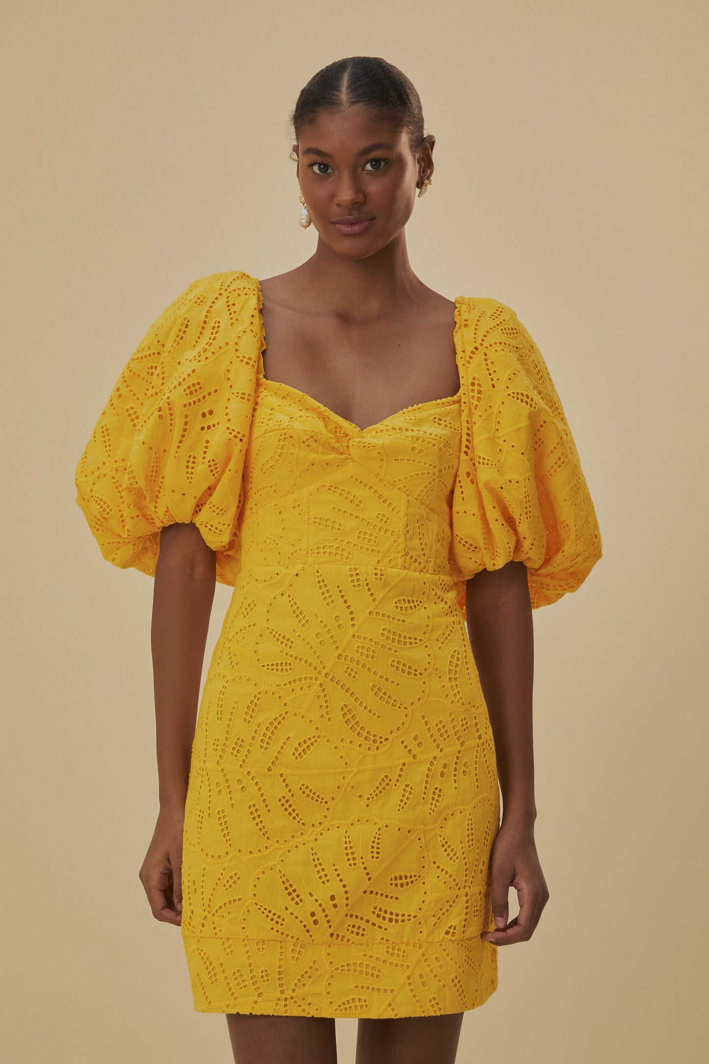 Yellow Monstera Eyelet Short Sleeve Mini Dress