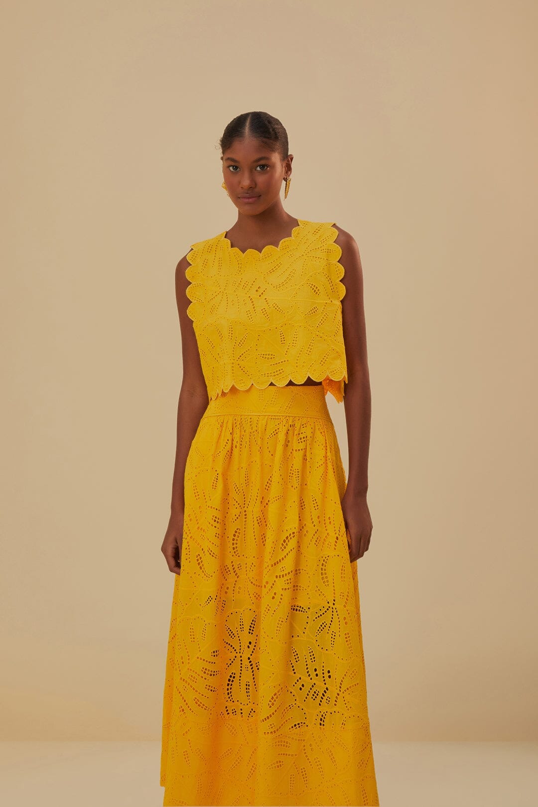 Yellow Monstera Eyelet Maxi Skirt