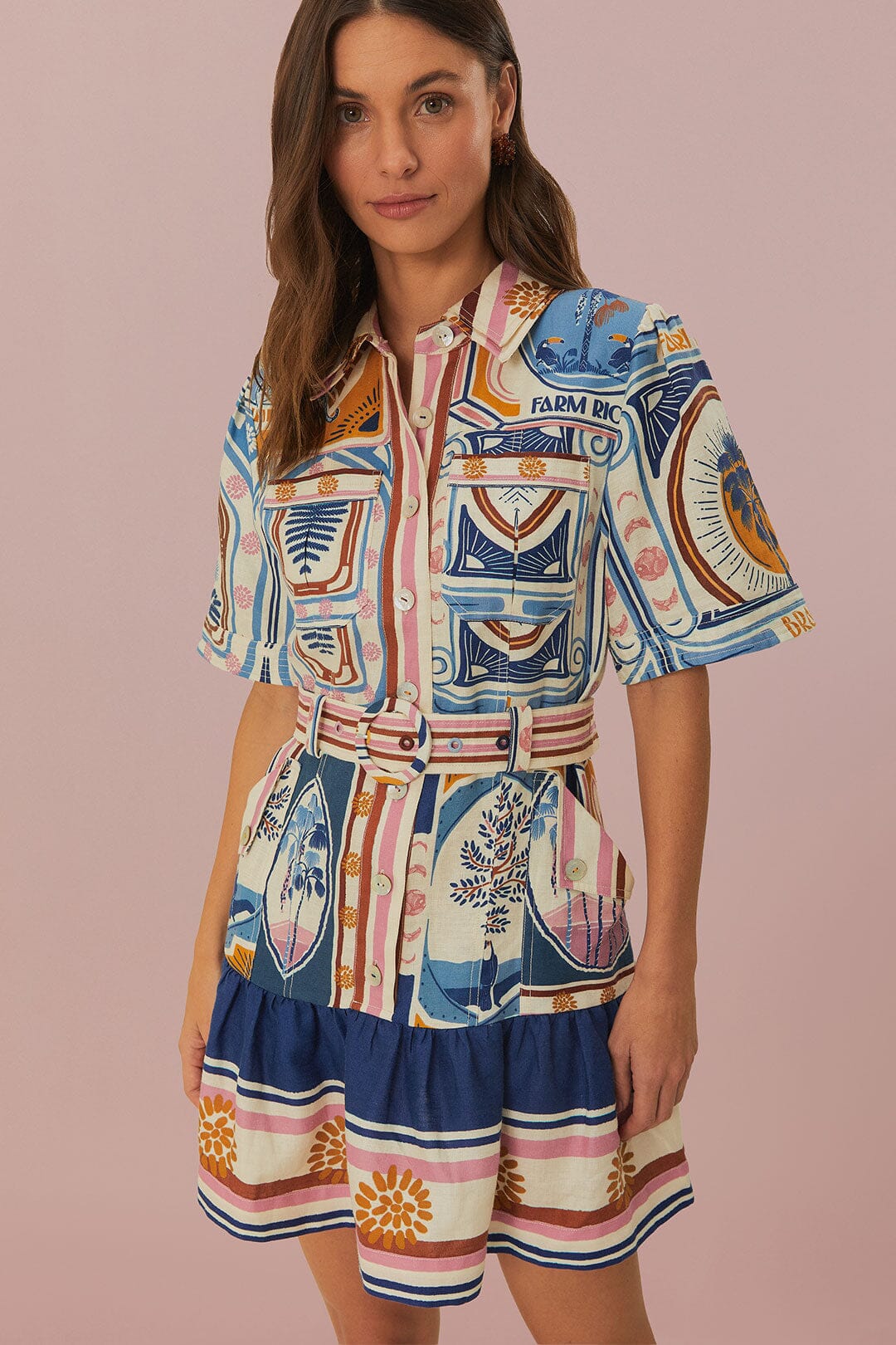 CERRADO STAMPS CREAM SHORT SLEEVE MINI DRESS