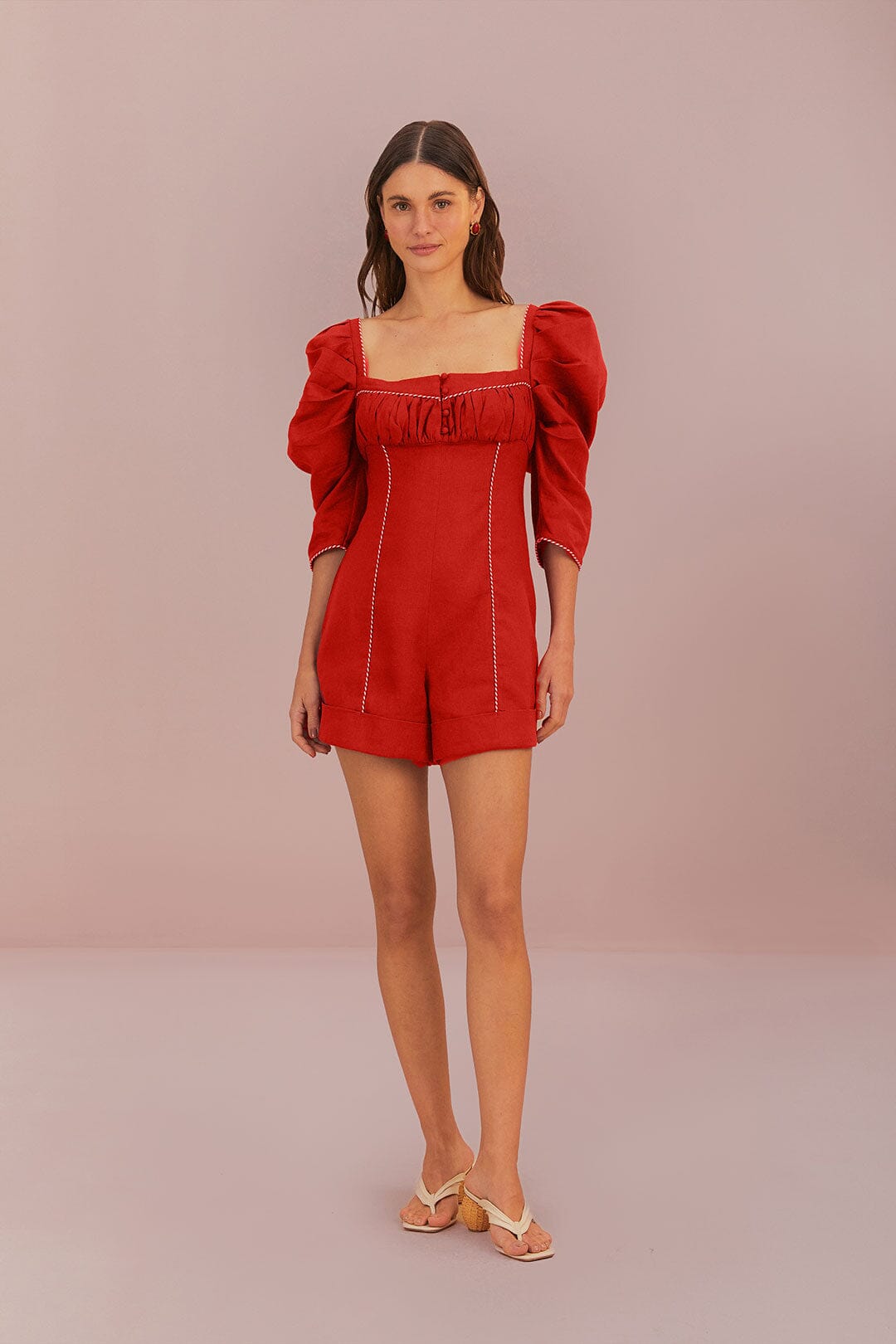 RED STRAIGHT NECKLINE SHORT SLEEVE MINI JUMPSUIT