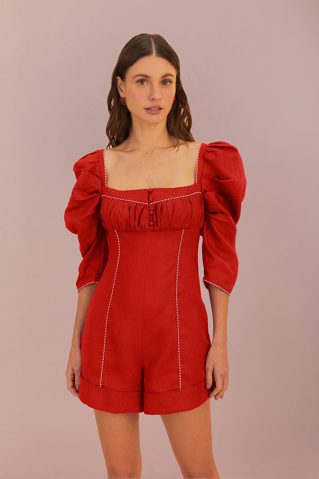 RED STRAIGHT NECKLINE SHORT SLEEVE MINI JUMPSUIT