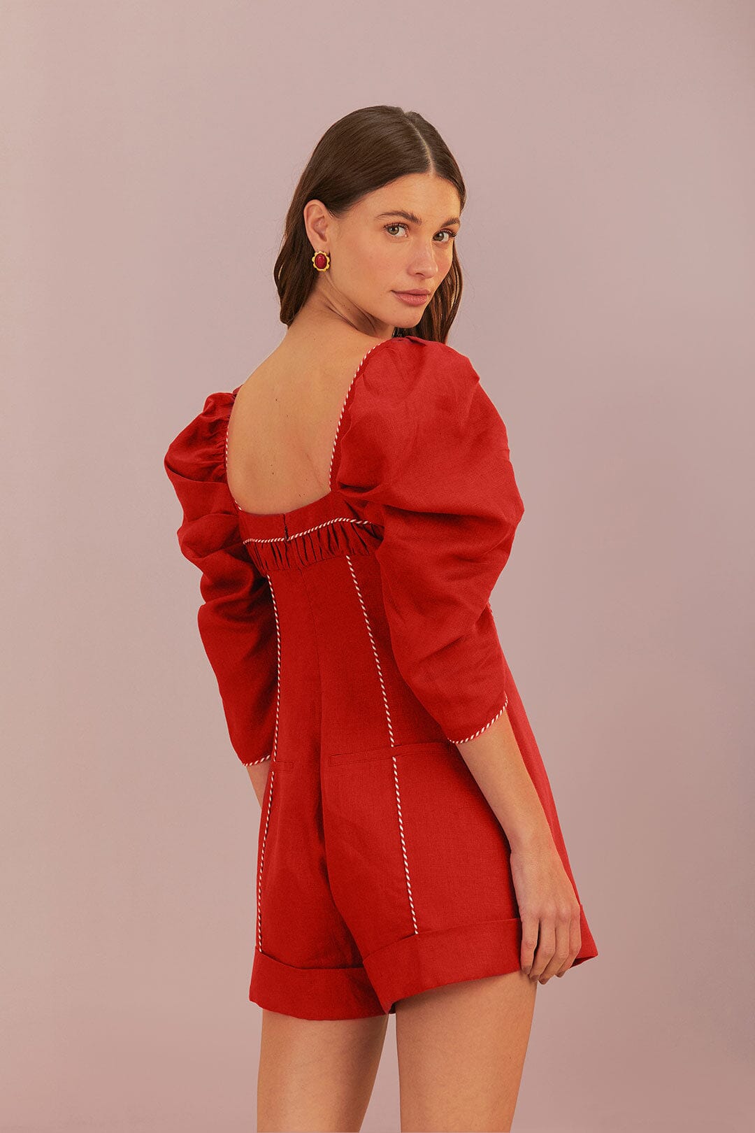 RED STRAIGHT NECKLINE SHORT SLEEVE MINI JUMPSUIT