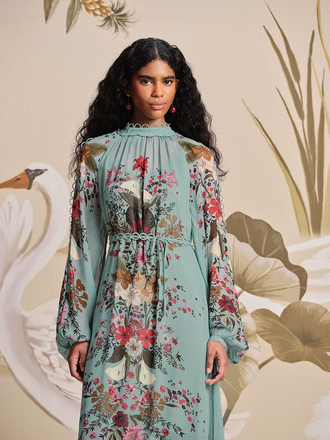 BEAUTY BOUQUET BLUE LONG SLEEVE MAXI DRESS