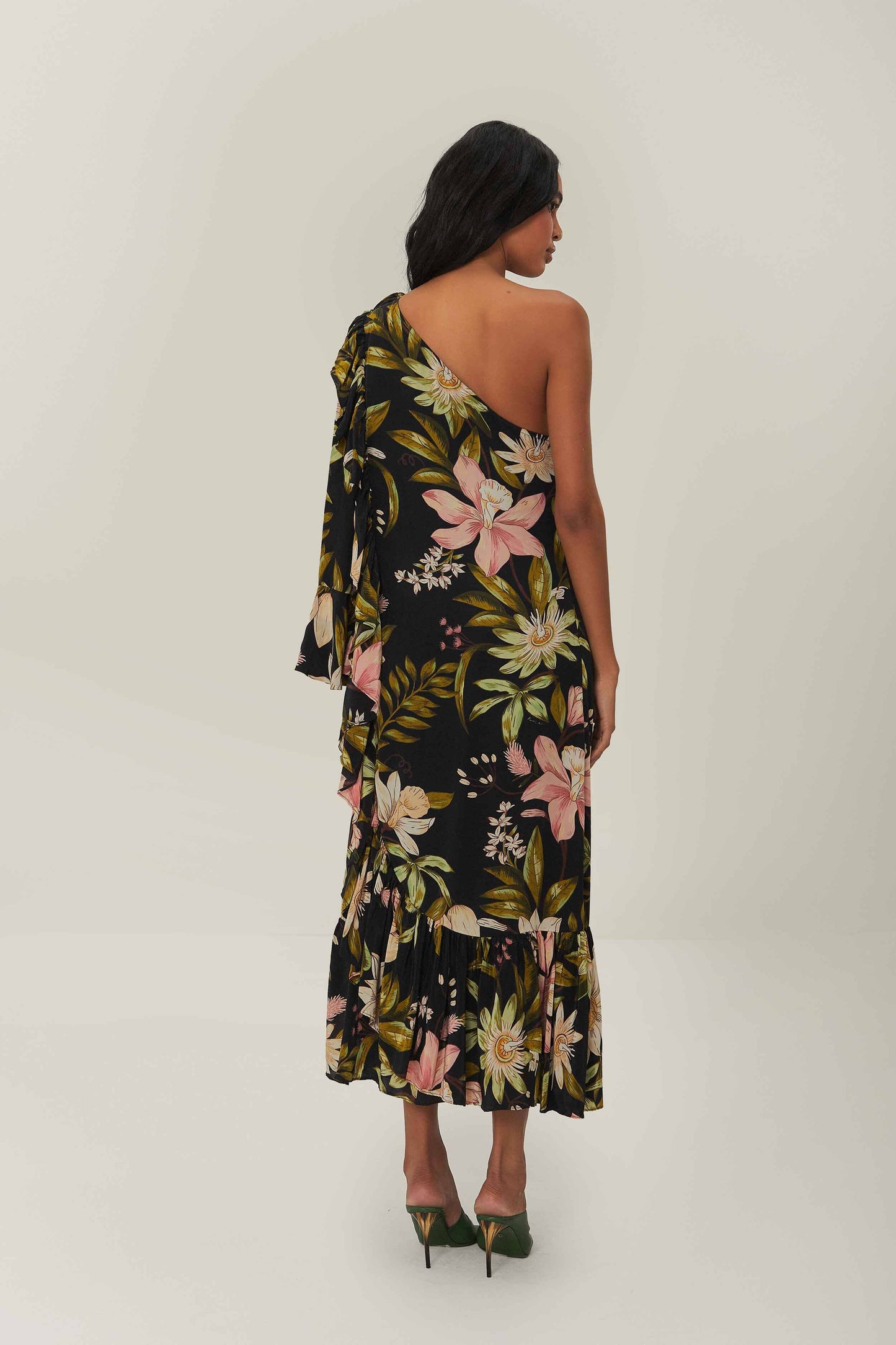 Black Surreal Flowers One-Shoulder Maxi Dress