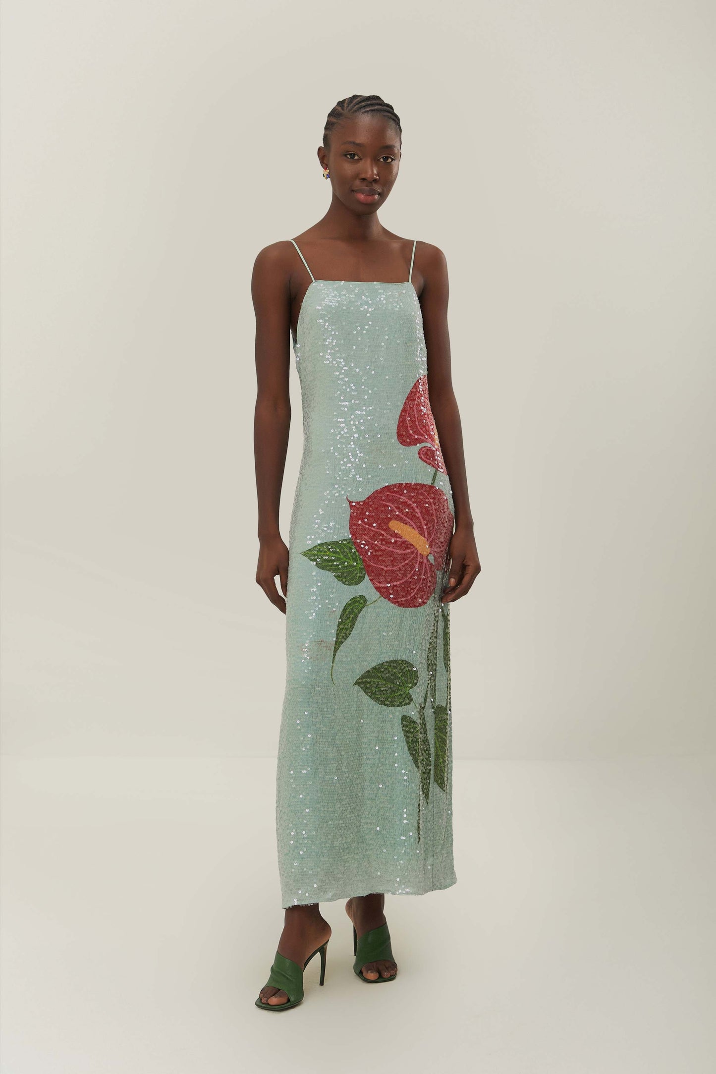 ANTHURIUM FLOWERS BLUE SLIP MAXI DRESS