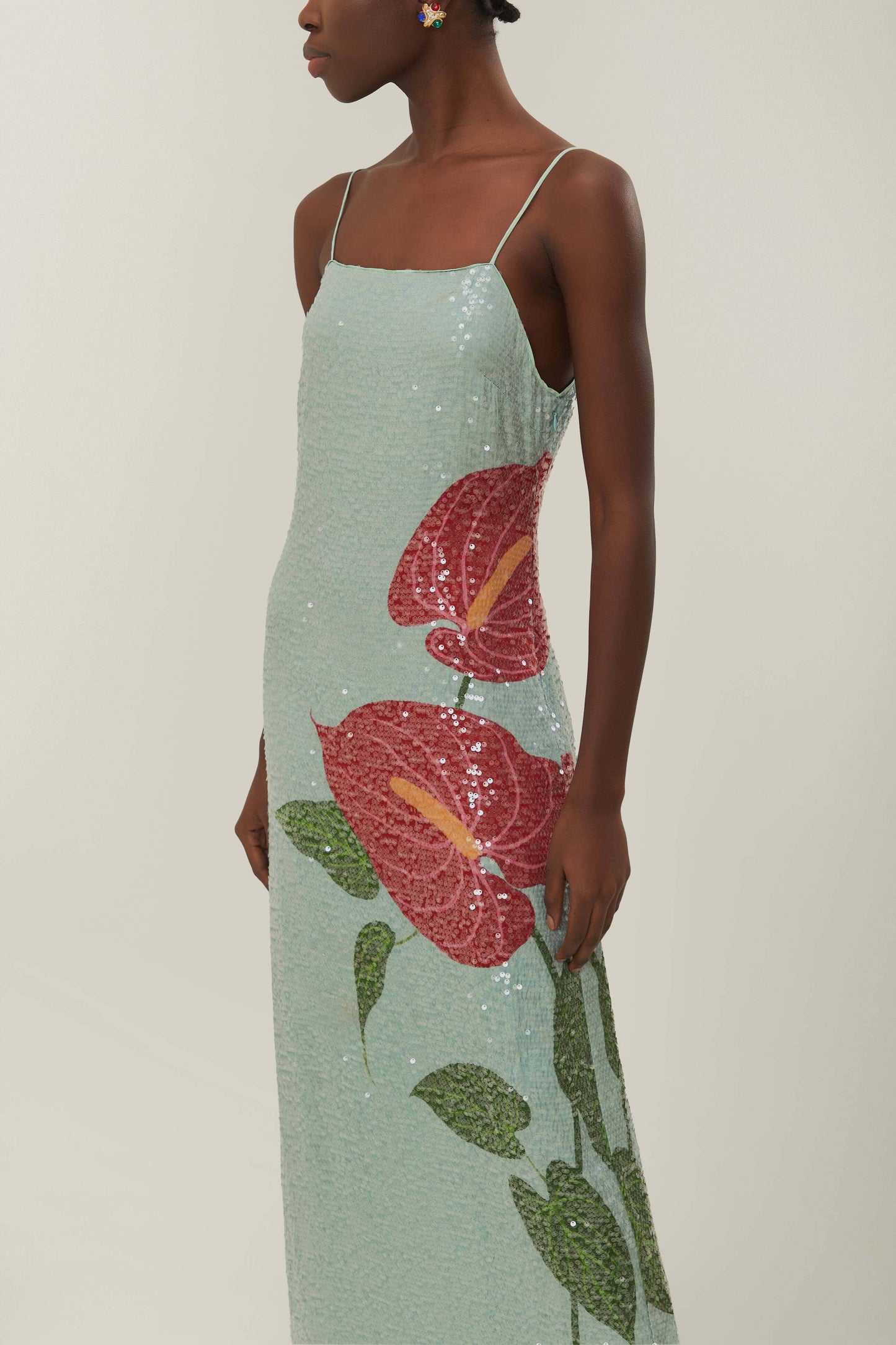 ANTHURIUM FLOWERS BLUE SLIP MAXI DRESS