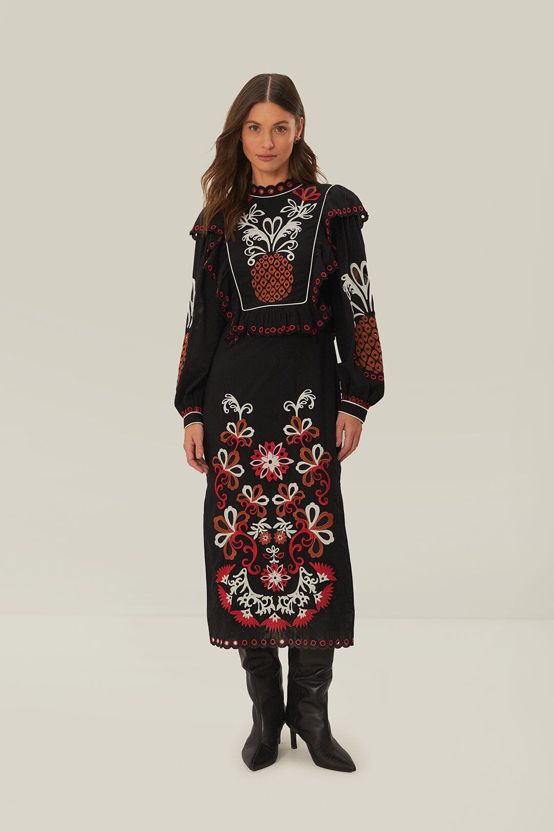 CASHEW MANDALA RICHILIEU LONG SLEEVE MAXI DRESS