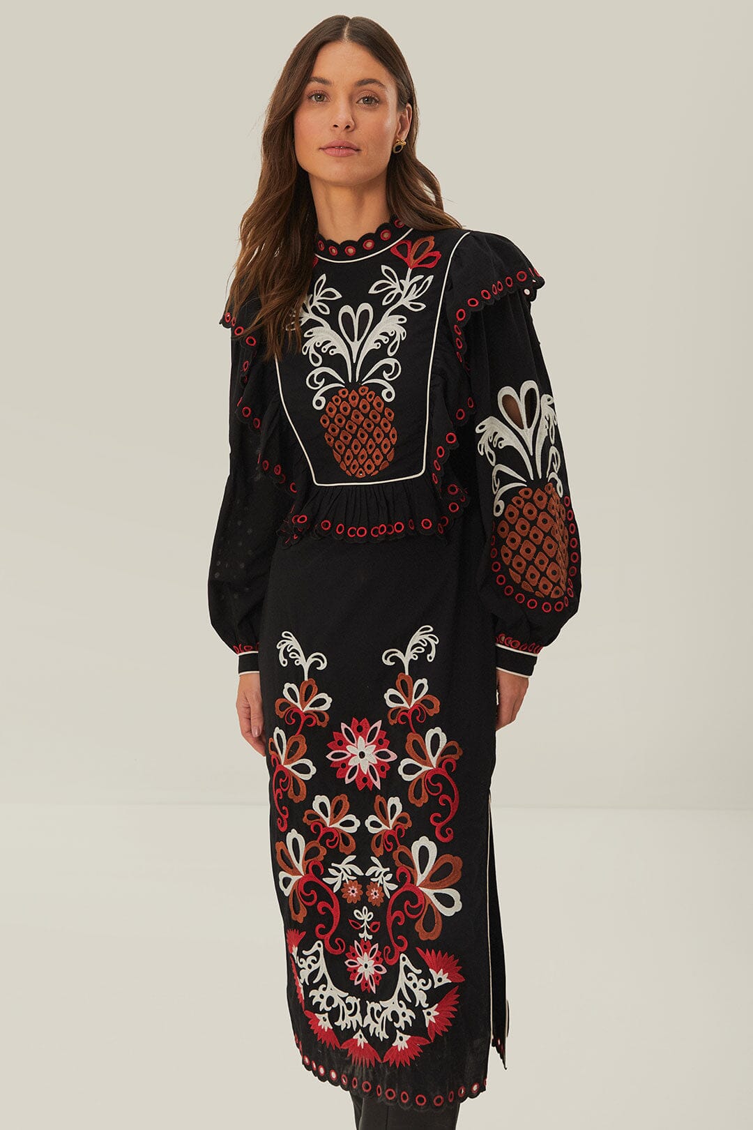 CASHEW MANDALA RICHILIEU LONG SLEEVE MAXI DRESS