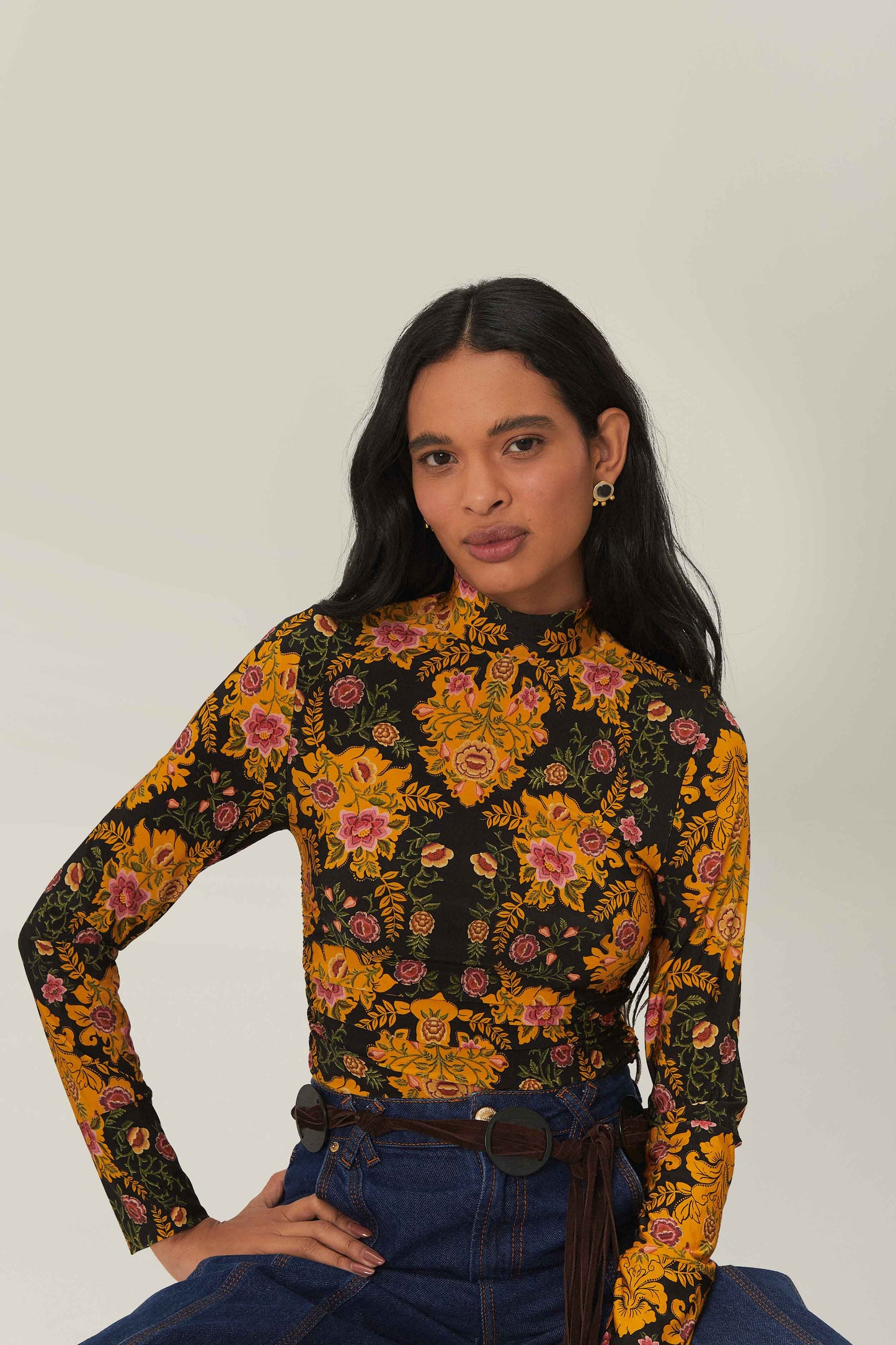 Black Arabesque Floral Jersey Blouse