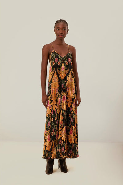 Black Arabesque Floral Pleated Midi Dress  FARM Rio