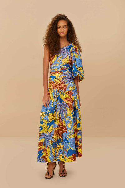 Yellow Jungle Panther One-Shoulder Midi Dress – FARM Rio
