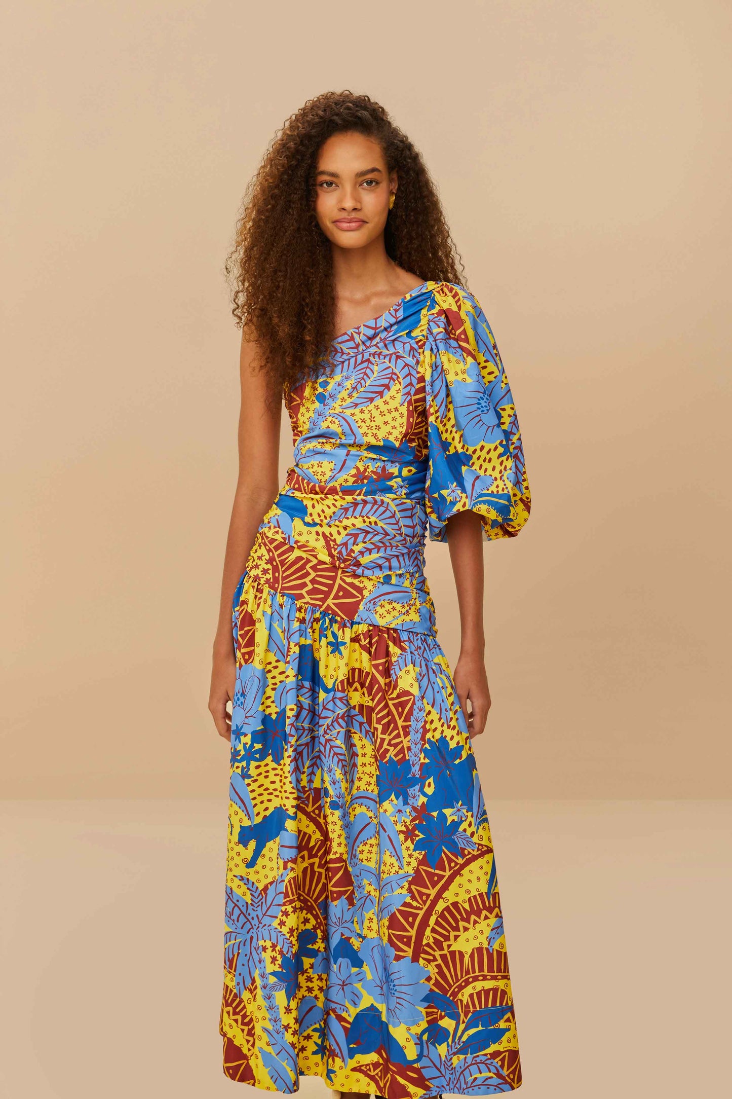 farm rio forest one shoulder maxi dress Yellow Jungle Panther One-Shoulder Midi Dress FARM Rio