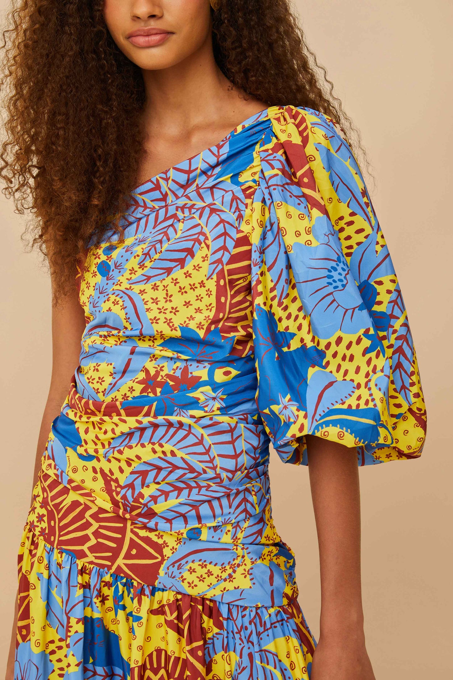 Yellow Jungle Panther One-Shoulder Midi Dress FARM Rio Yellow Jungle Panther One-Shoulder Midi Dress FARM Rio