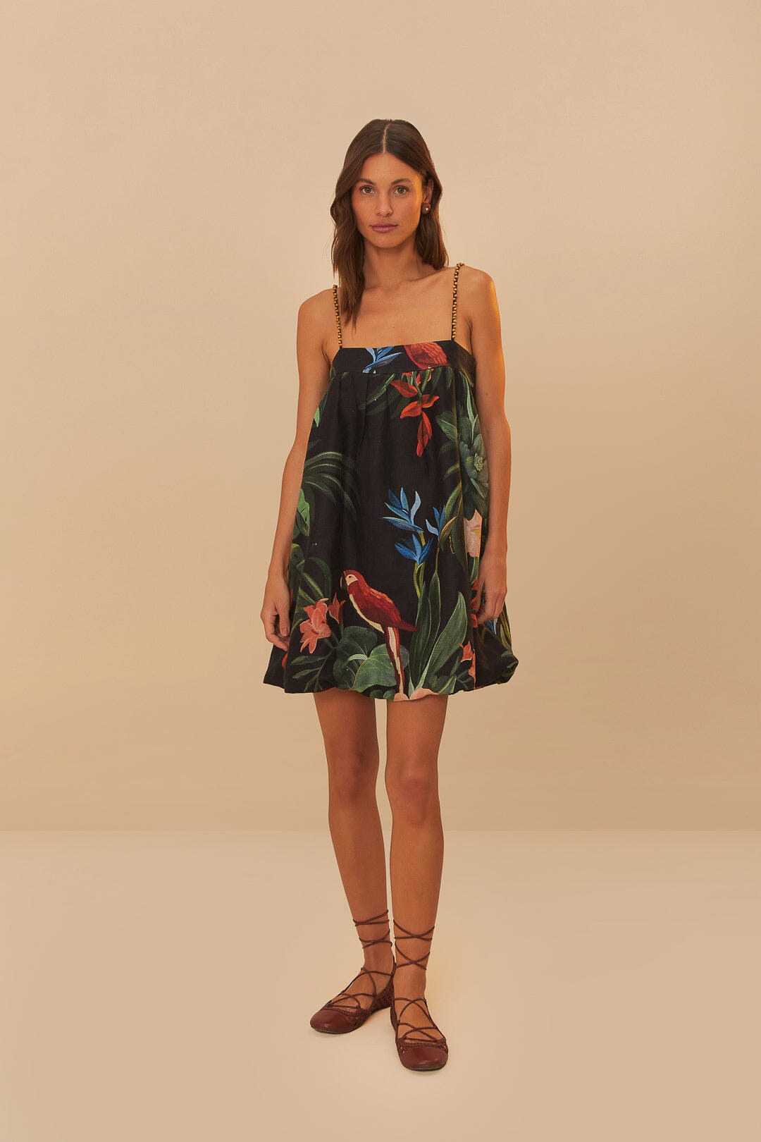 MIDNIGHT MACAW FIESTA BLACK SLEEVELESS MINI DRESS