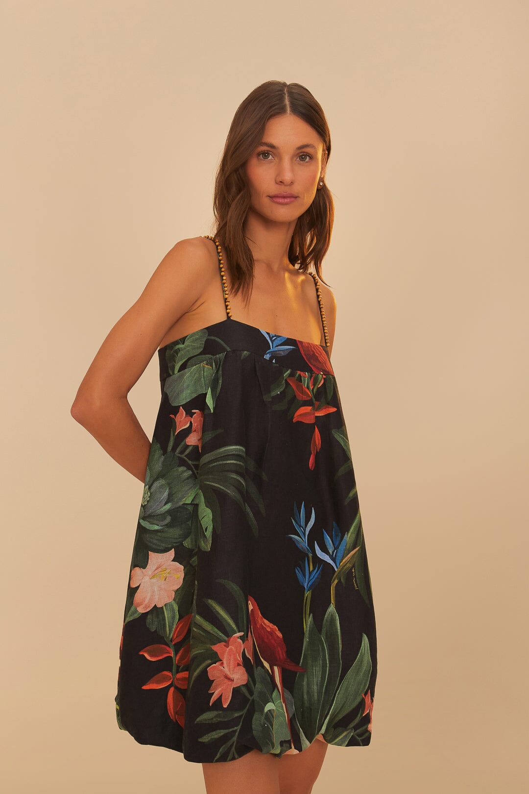 MIDNIGHT MACAW FIESTA BLACK SLEEVELESS MINI DRESS