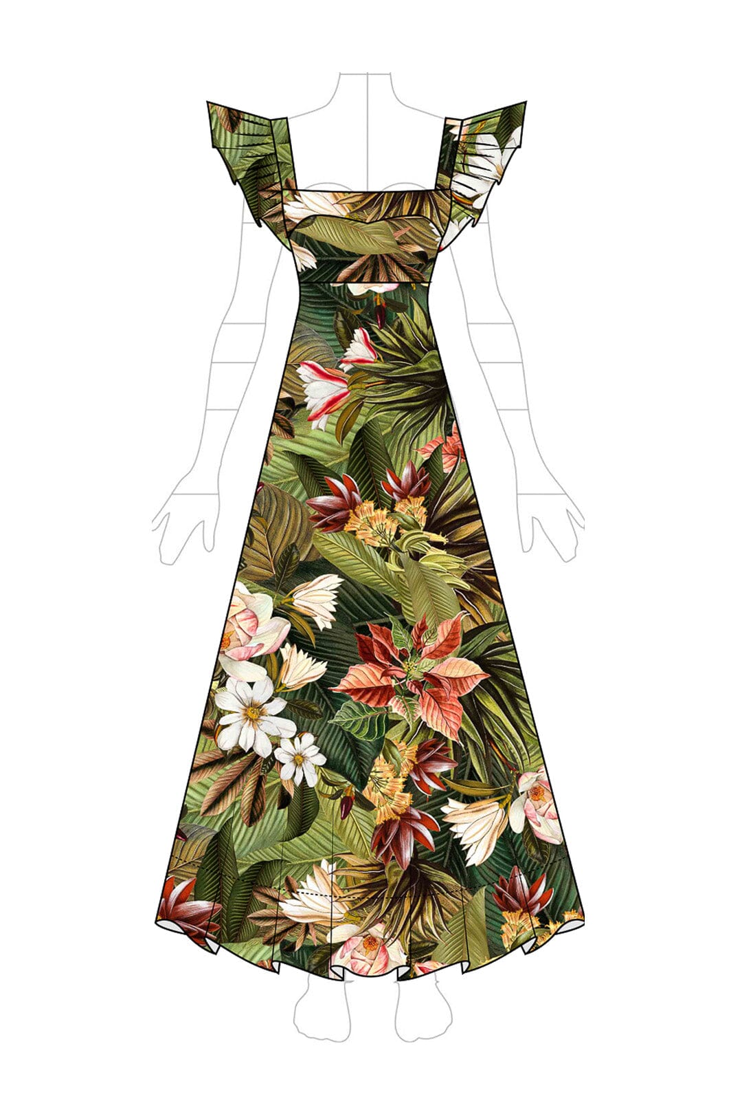 BOTANICAL FOREST MULTICOLOR SCOOP NECK RUFFLED STR