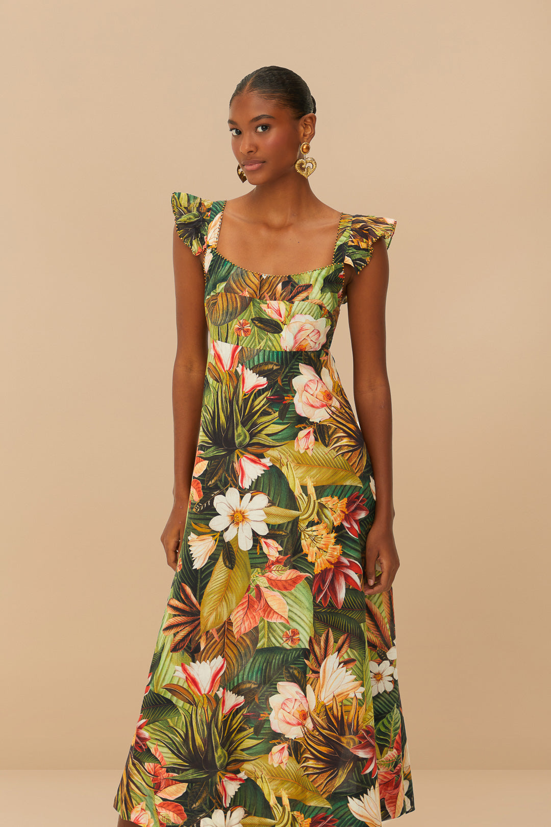 Botanical Forest Multicolor Scoop Neck Ruffled Strap Maxi Dress