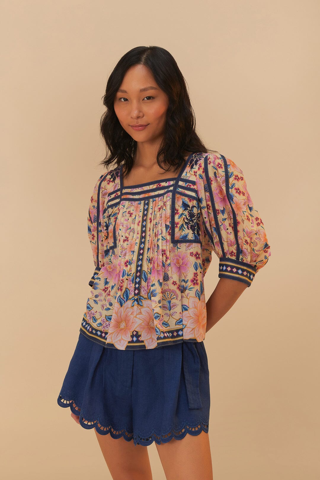 SUPERBLOOM TAPESTRY CREAM SQUARE NECKLINE BLOUSE