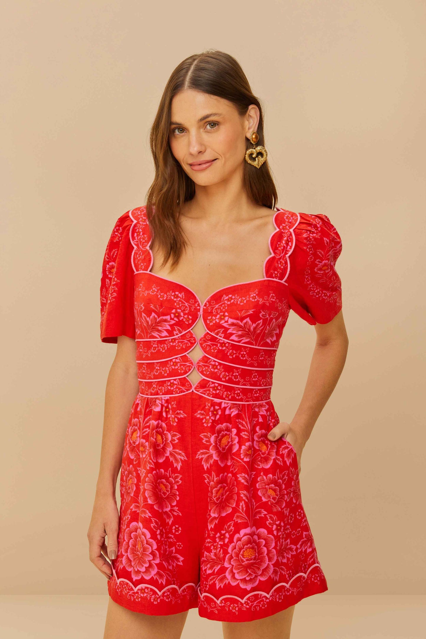 OLIVIA RED CUTOUTS SMOCKED ROMPER