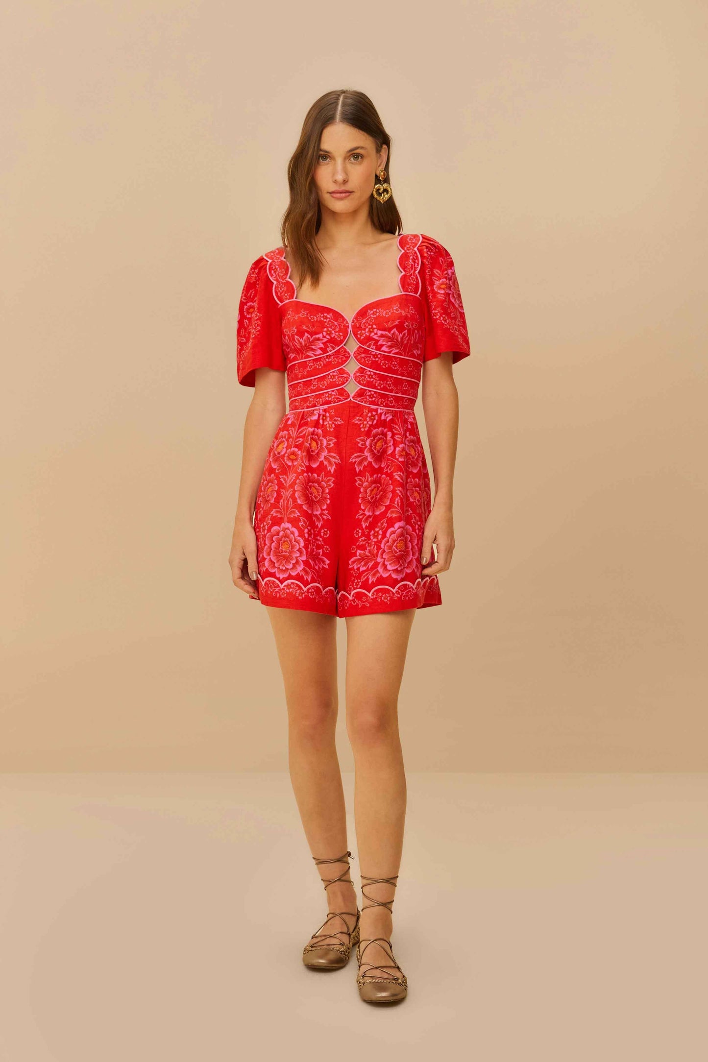 OLIVIA RED CUTOUTS SMOCKED ROMPER