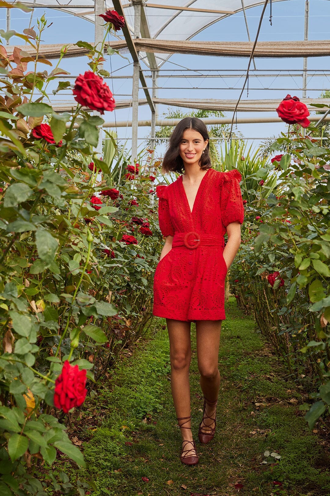 Red Eyelet Beaded Belt Romper