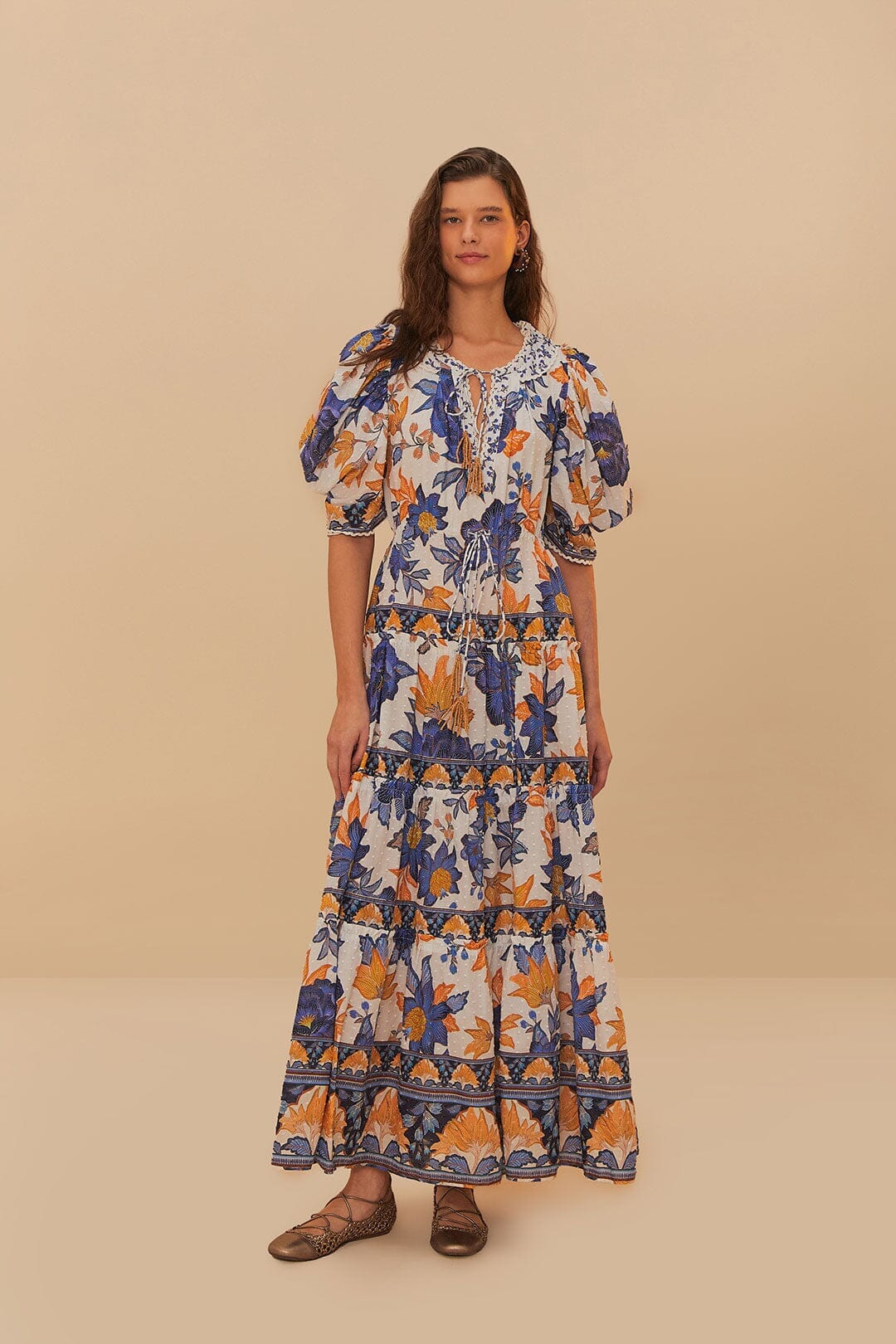 Off-White Summer Flowers Beaded Tassels Maxi Dress