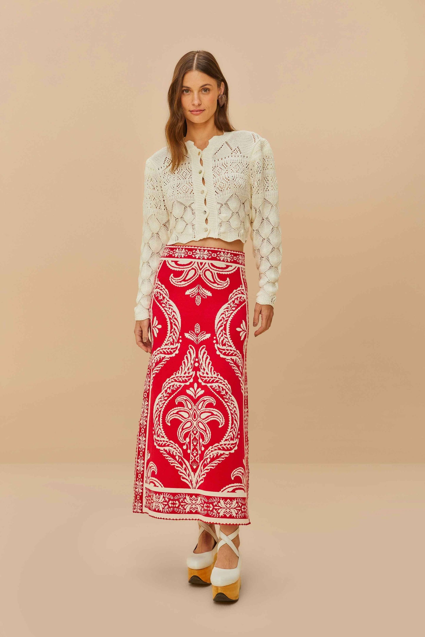 Red Tropical Jacquard Knit Skirt