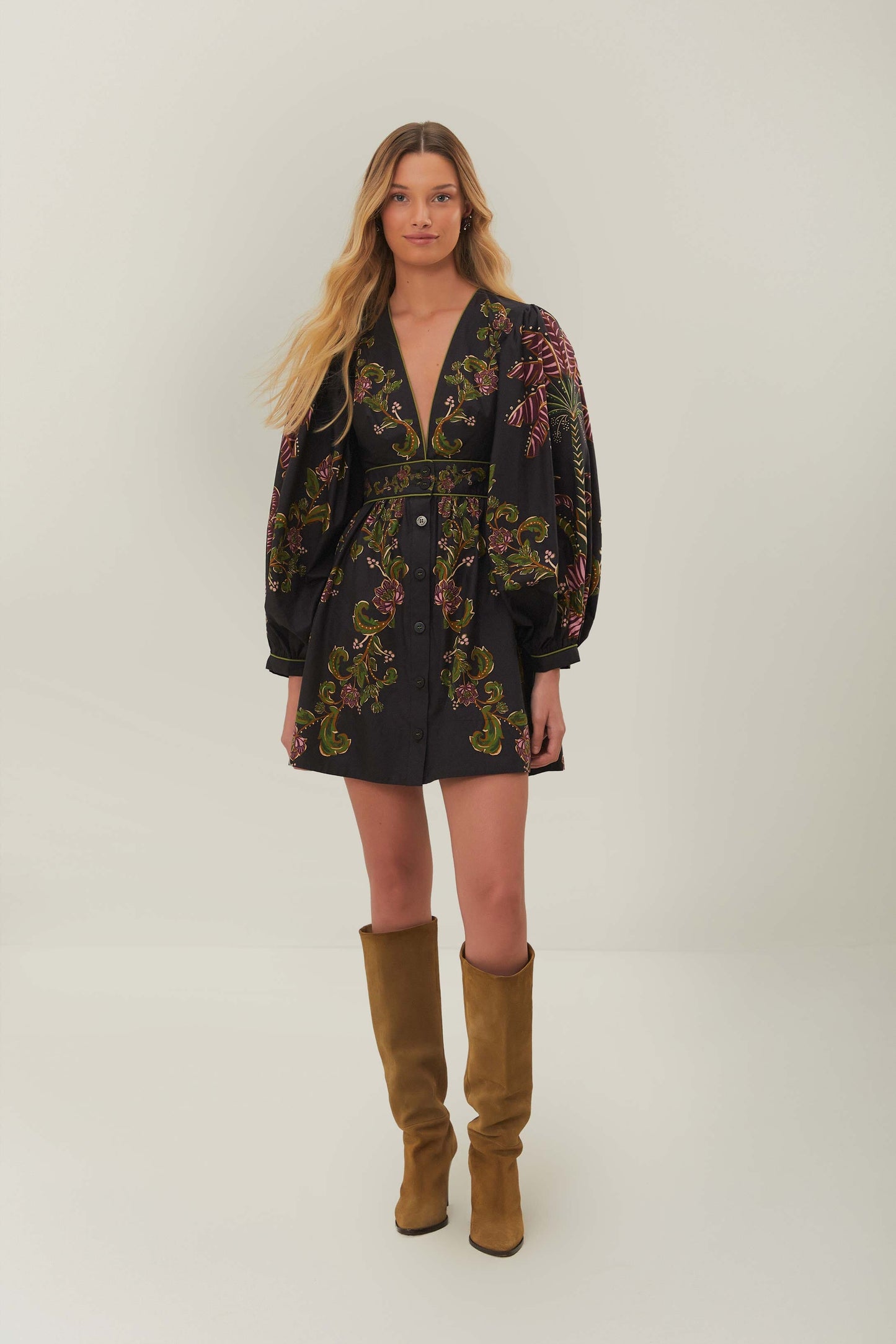 RAVENALA BLACK V NECKLINE PUFFED SLEEVE MINI DRESS