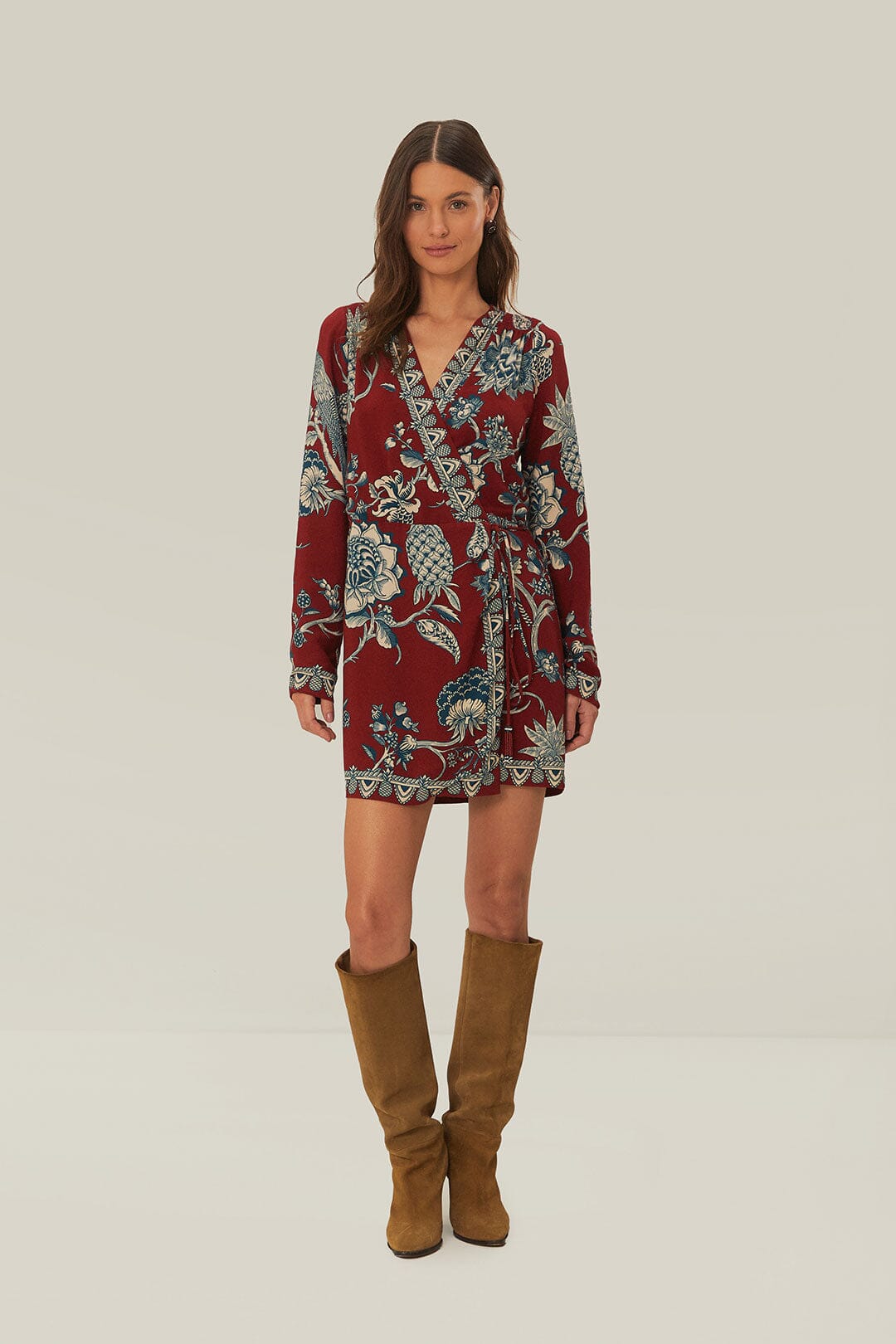 TROPICAL LANDING RED WRAP MINI DRESS