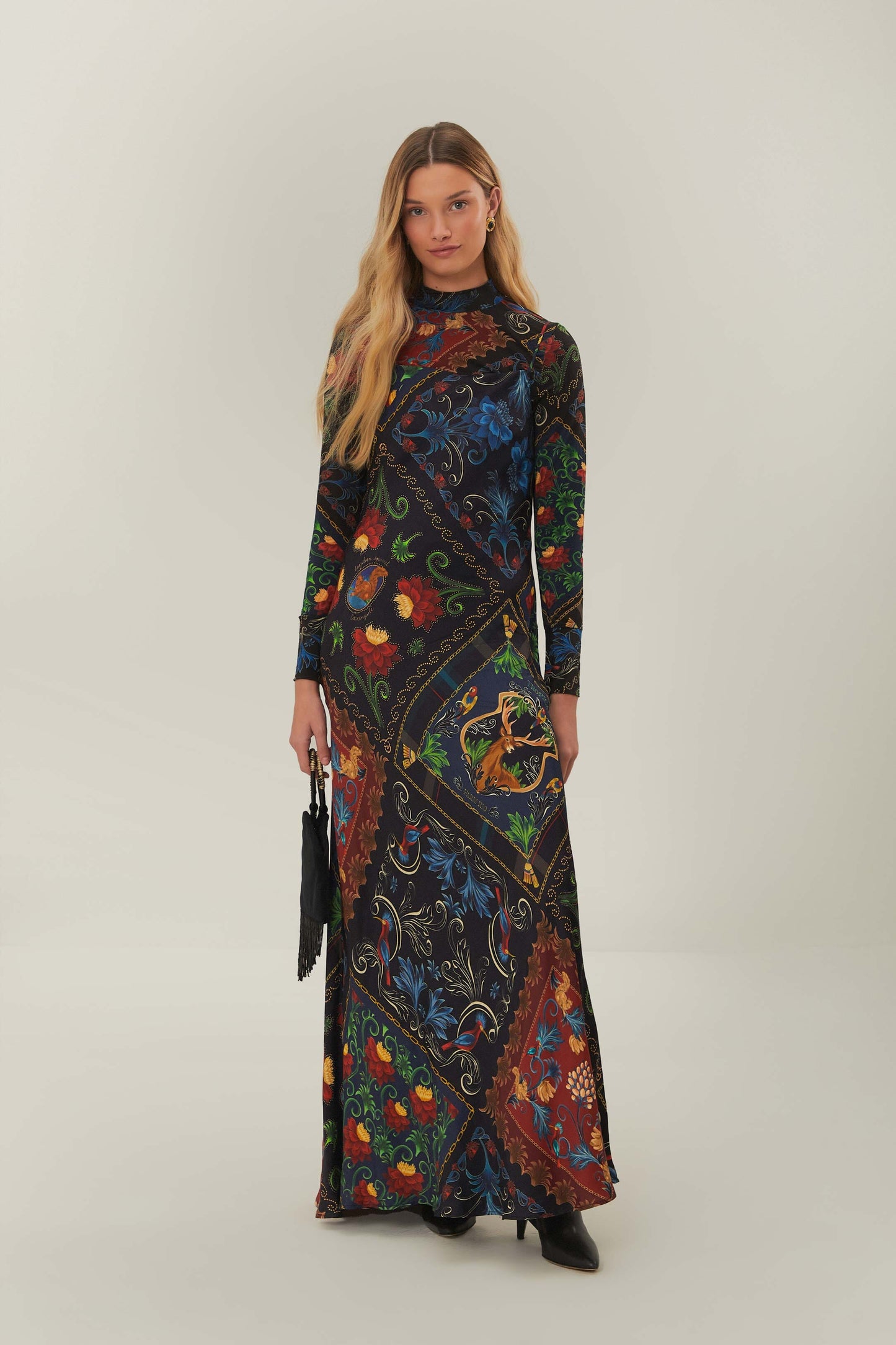 MIXED ARABESQUE SCARVES BLACK SLEVELESS MAXI DRESS