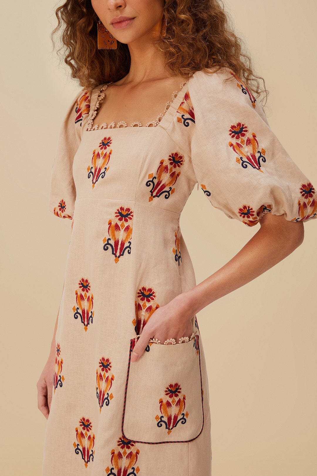 Rose Embroidered Macaw Euroflax Premium Linen Maxi Dress