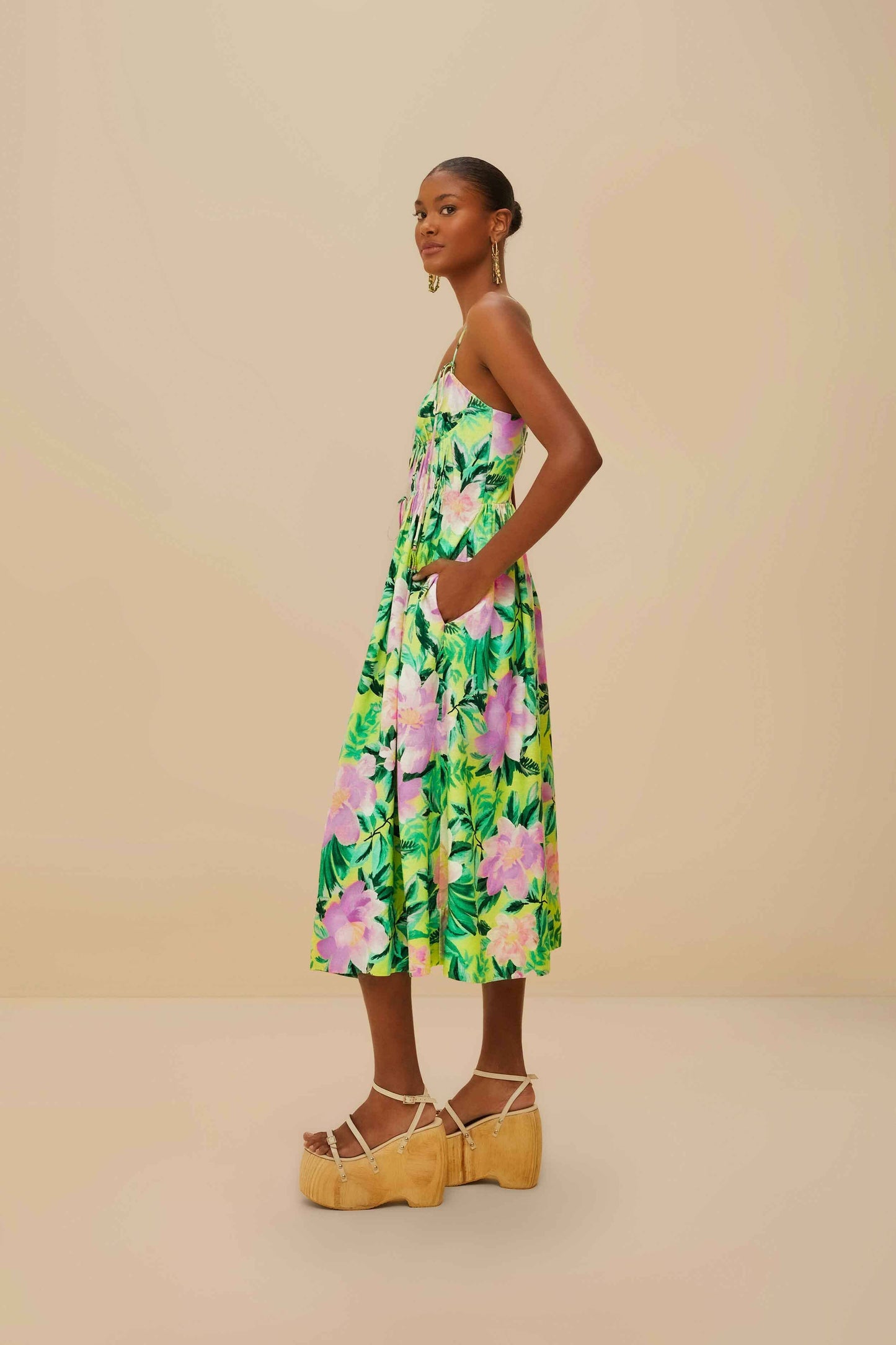 Green Painted Flowers LENZING™ ECOVERO™ Euroflax™ Midi Dress