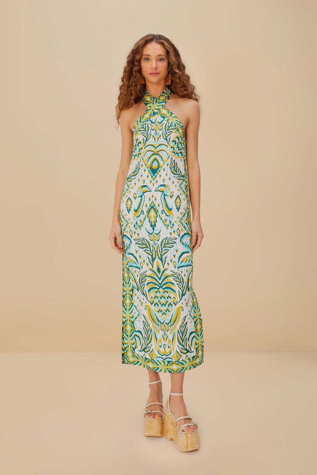 Farm Rio Tropical Tapestry Off-White Halter Neck Maxi Dress