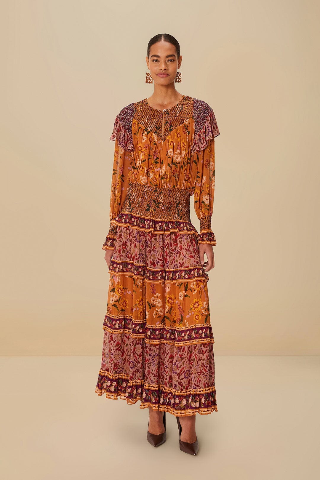 farm rio romantic nature long sleeve maxi dress Colorful Birds Camel Smocking Long Sleeve Maxi Dress – FARM Rio