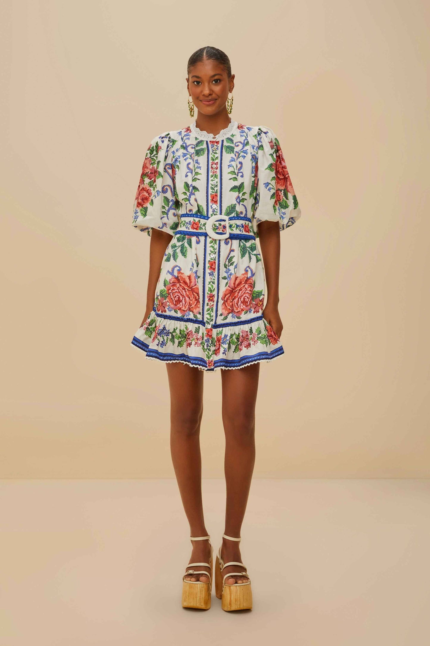 FLOWER TAPESTRY OFF-WHITE MINI DRESS