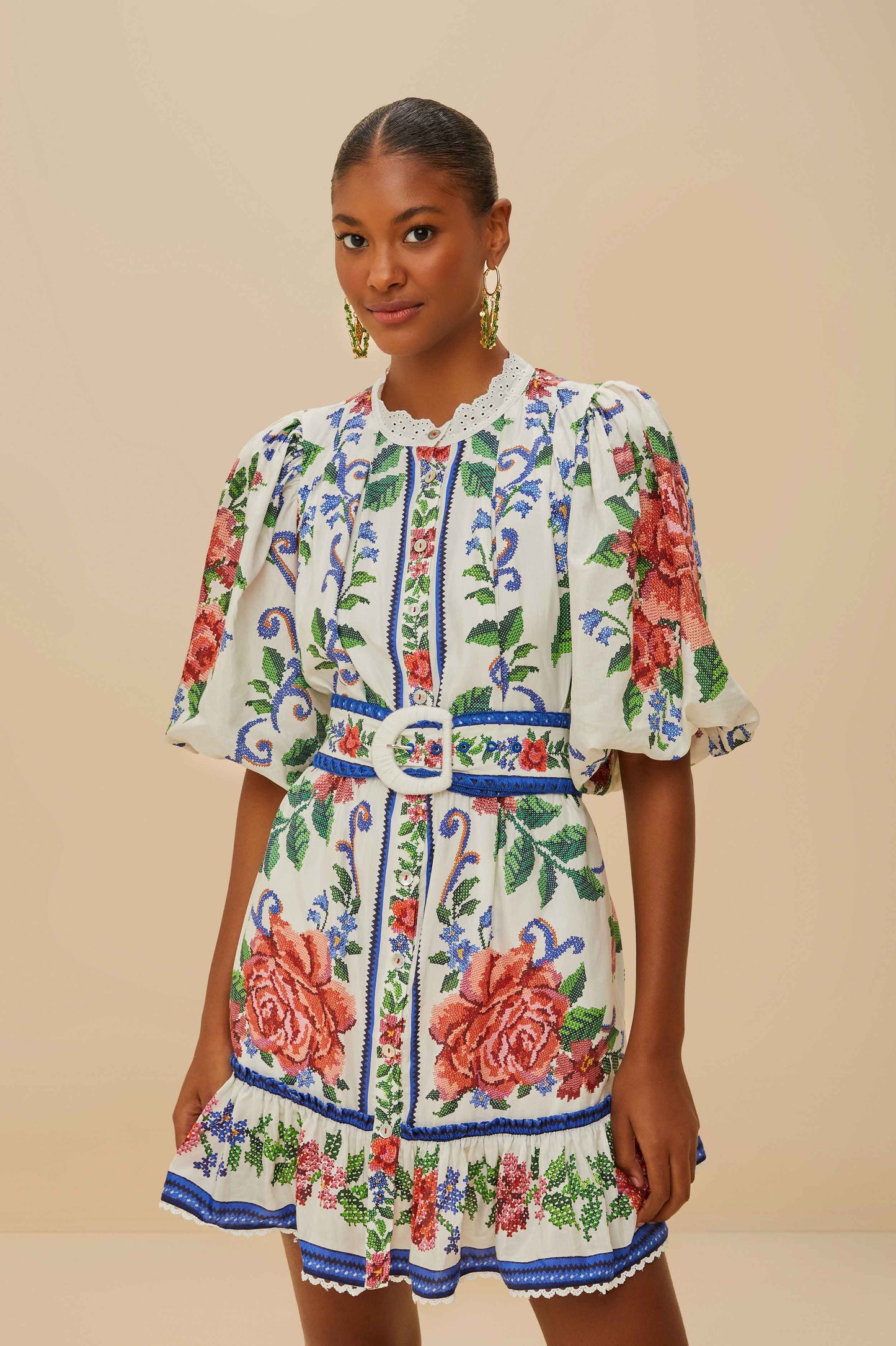 FLOWER TAPESTRY OFF-WHITE MINI DRESS