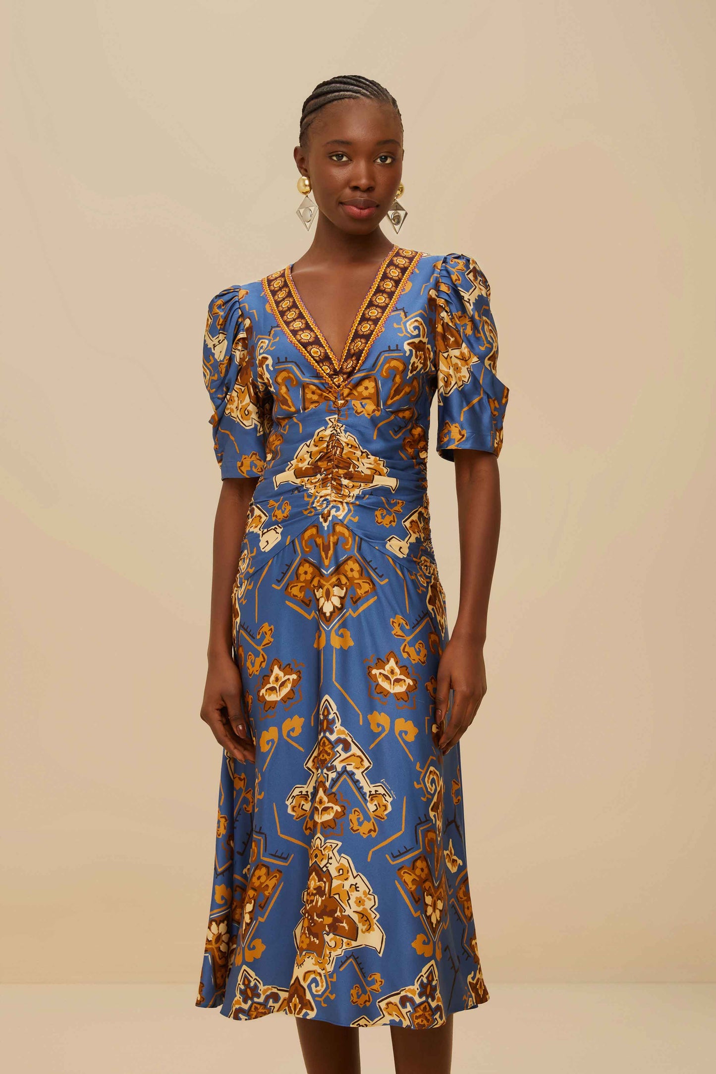 Blue Ornament Floral Midi Dress