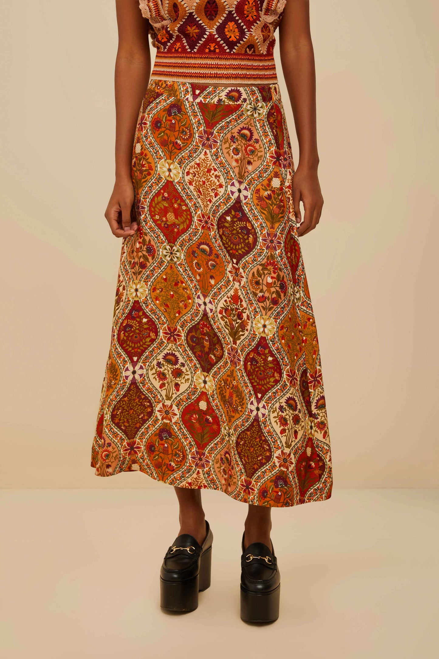 Multicolor Romantic Nature LENZING™ ECOVERO™ Viscose Midi Skirt