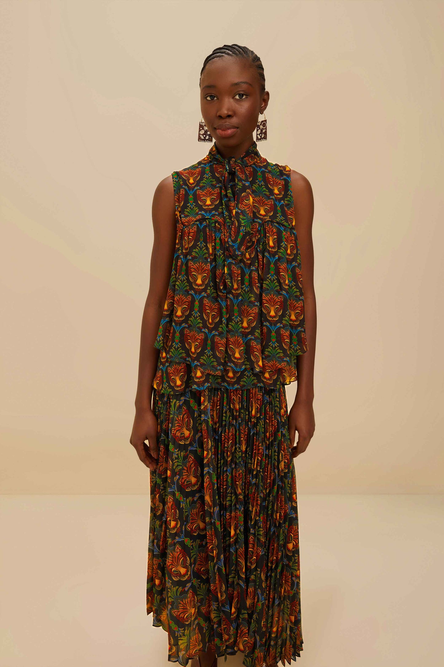 Black Boho Panther Pleated Maxi Skirt