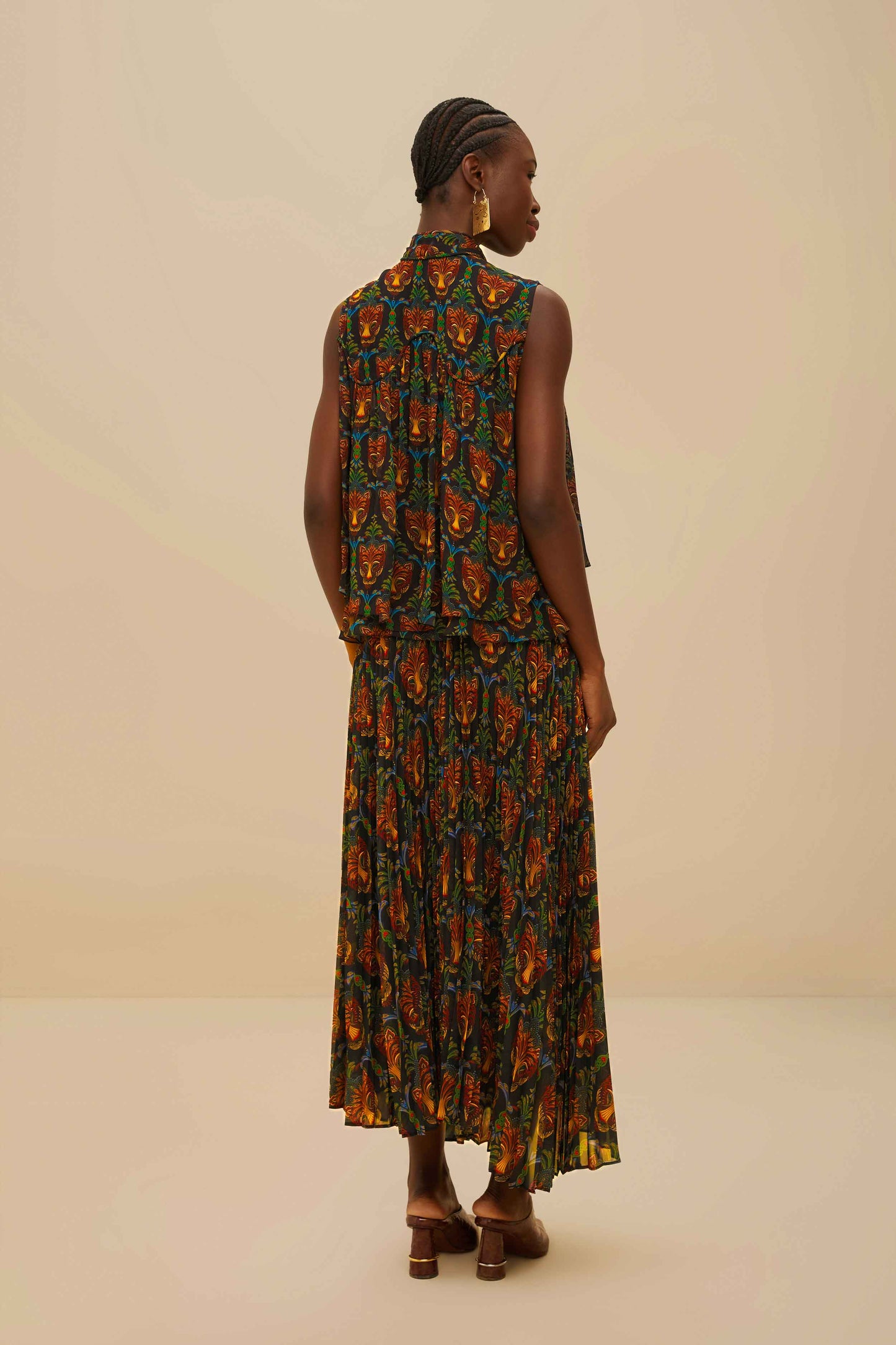 Black Boho Panther Pleated Maxi Skirt