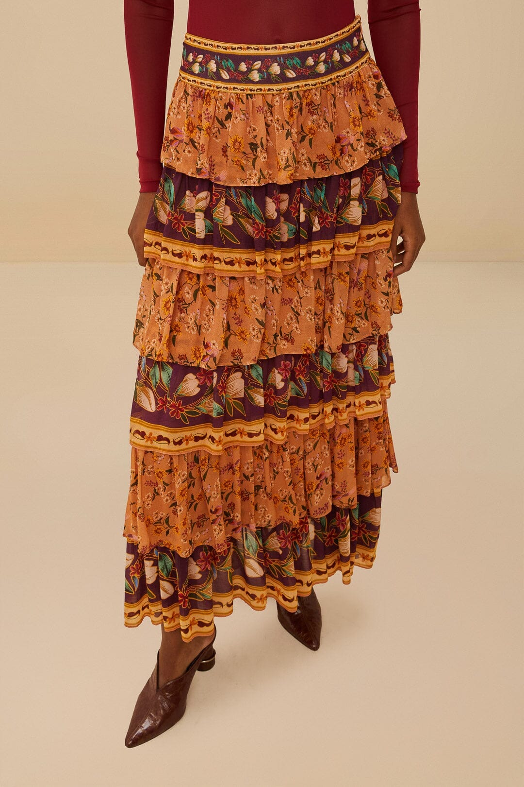Colorful Birds Camel Ruffles Midi Skirt