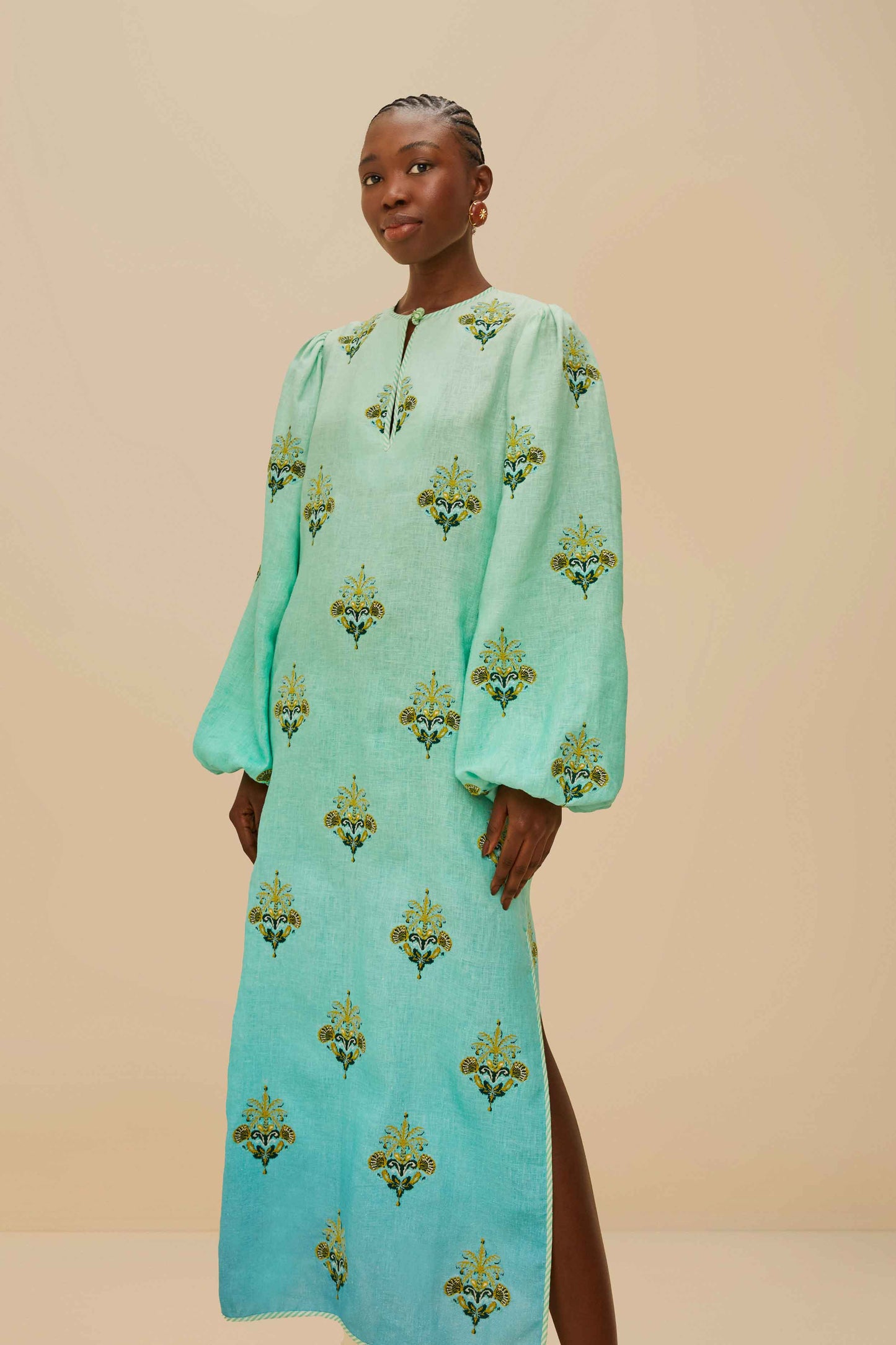 Turquoise Palm Tree Tapestry Embroidered Tunic