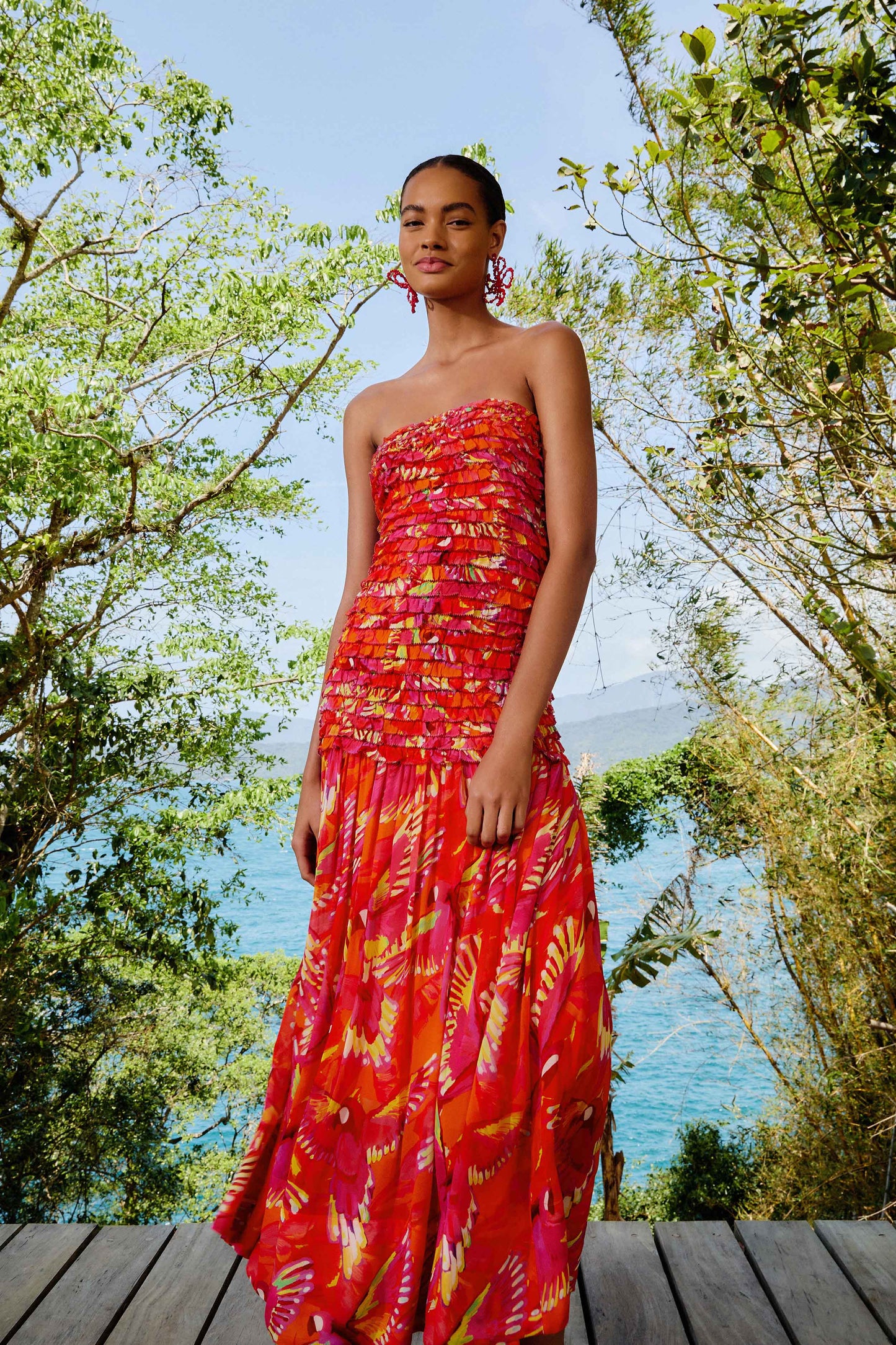 Orange Flying Birds Strapless Midi Dress