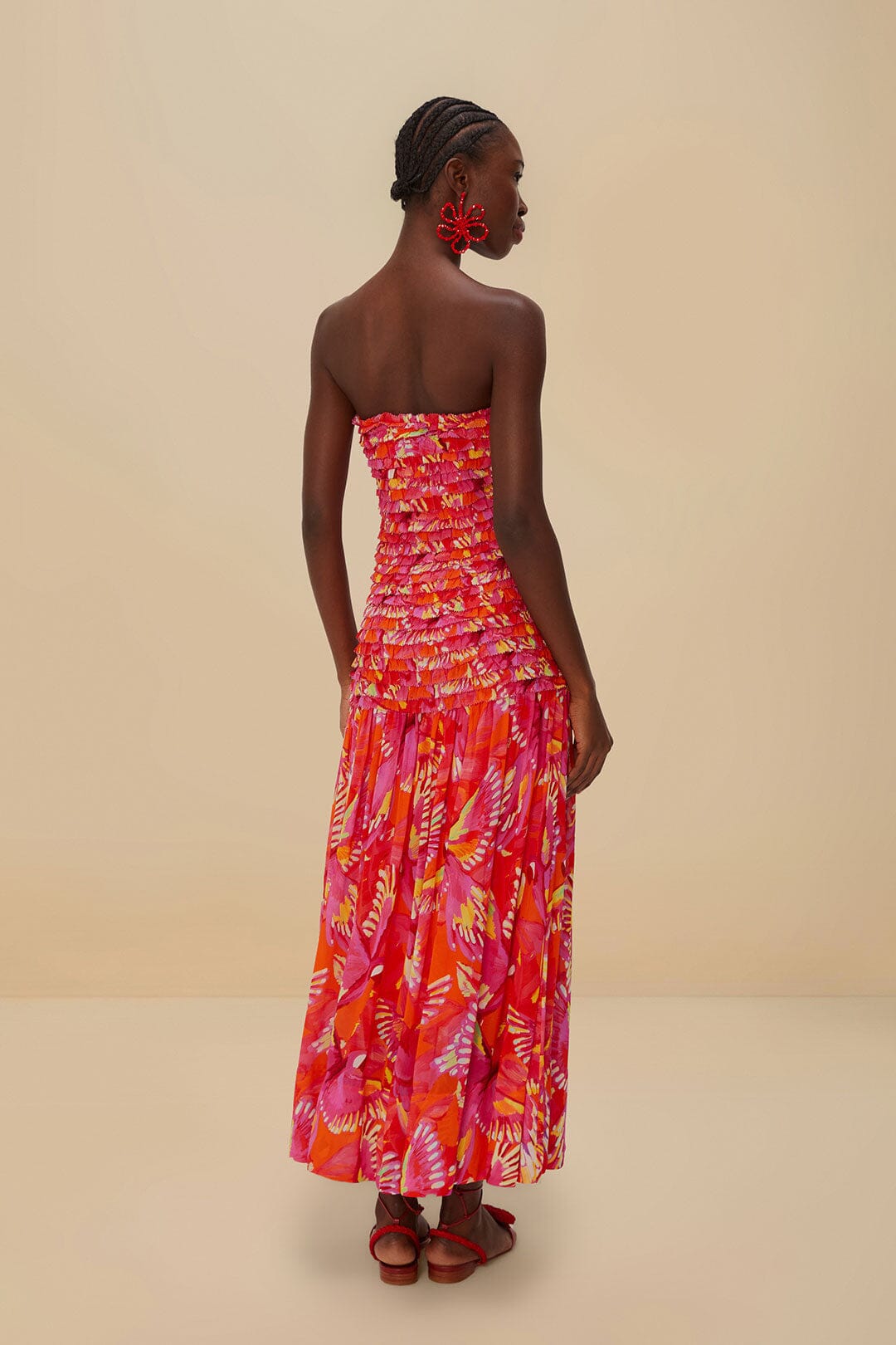 Orange Flying Birds Strapless Midi Dress