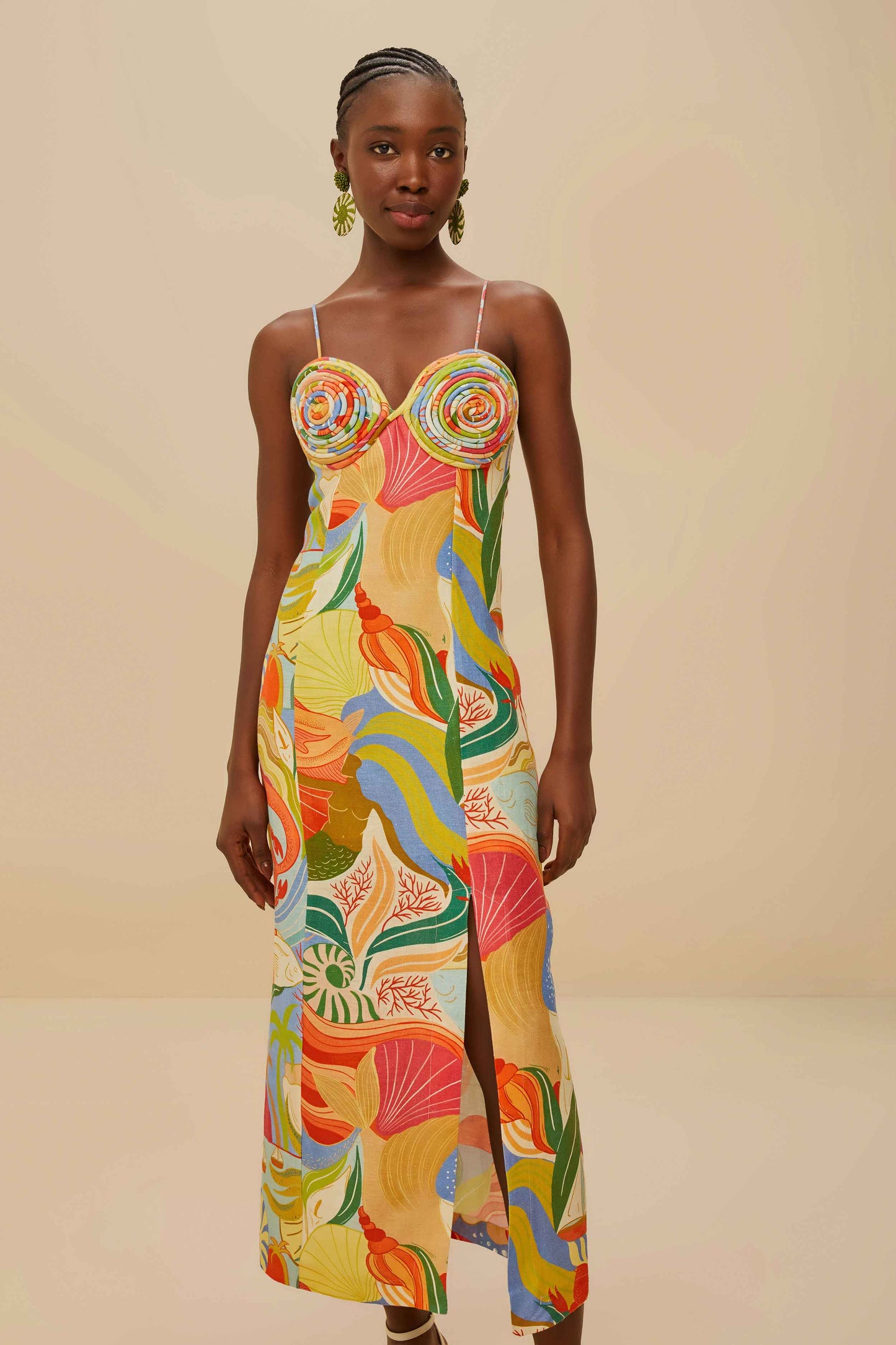 Multicolor Ocean View Twisted Cups Euroflax™ Premium Linen Midi Dress