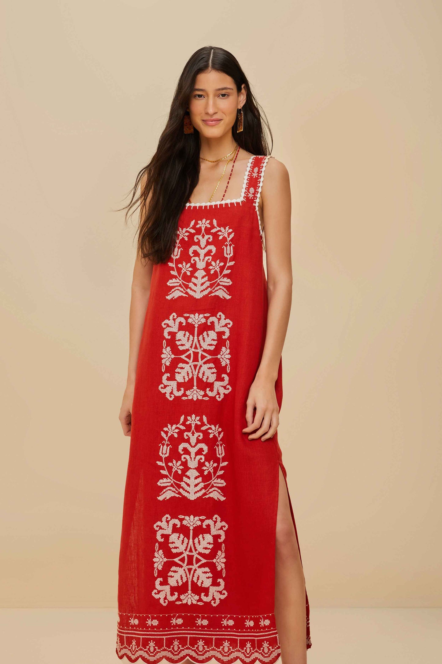 Red Tropical Cross Stitch Embroidered Midi Dress